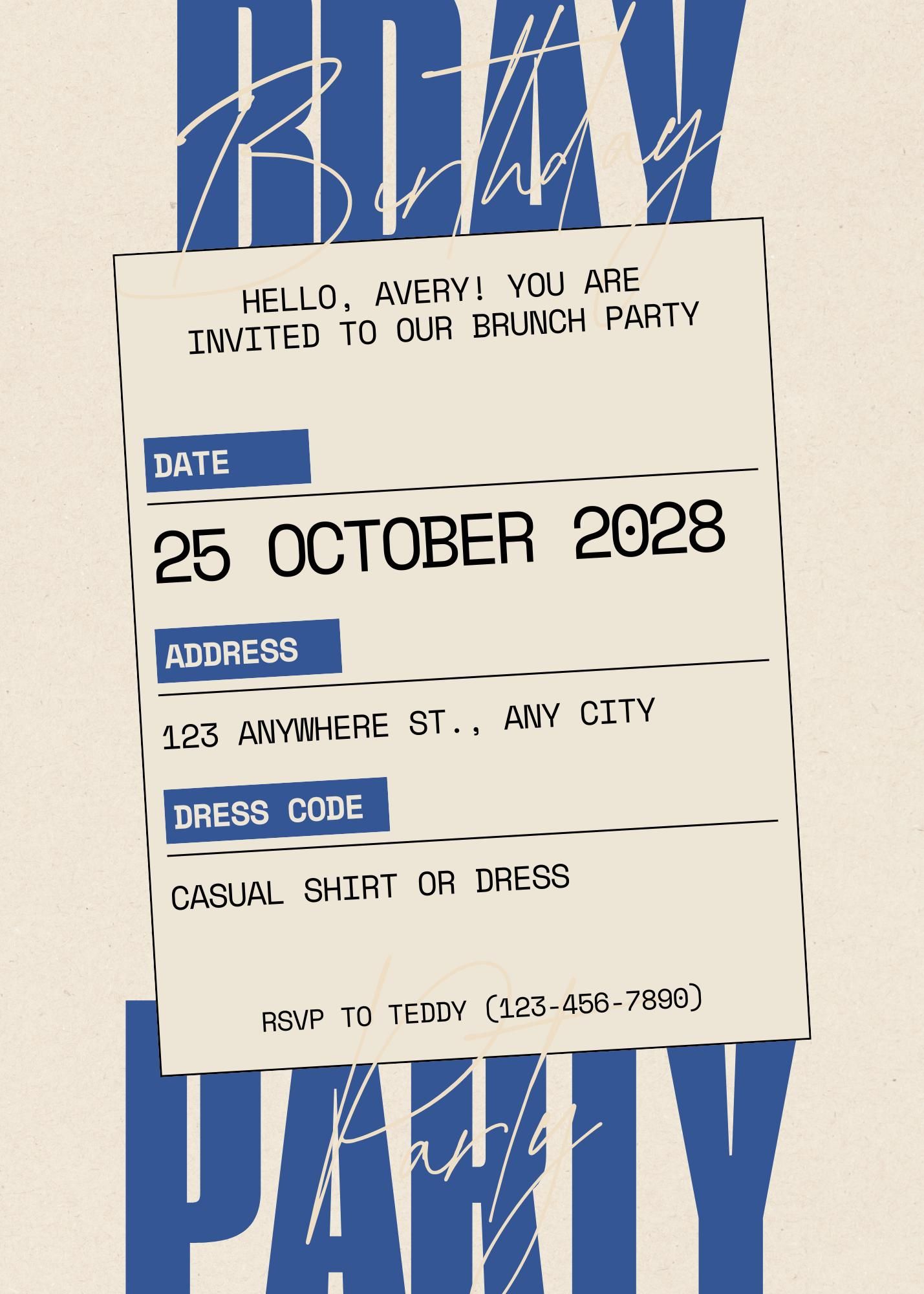 Invitation fête d’anniversaire simple audacieuse beige bleue