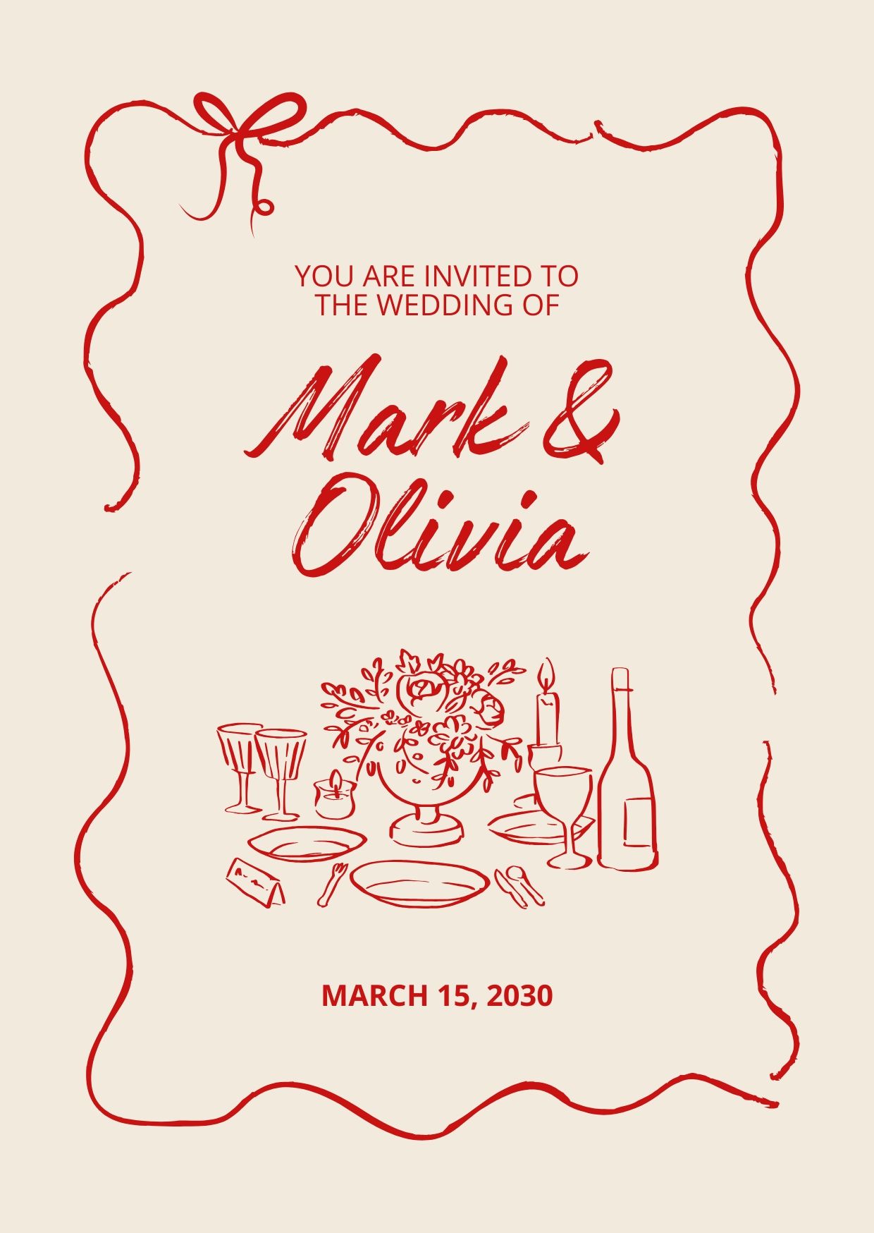 Red and Beige Illustrated Wedding Invitation Canva Template