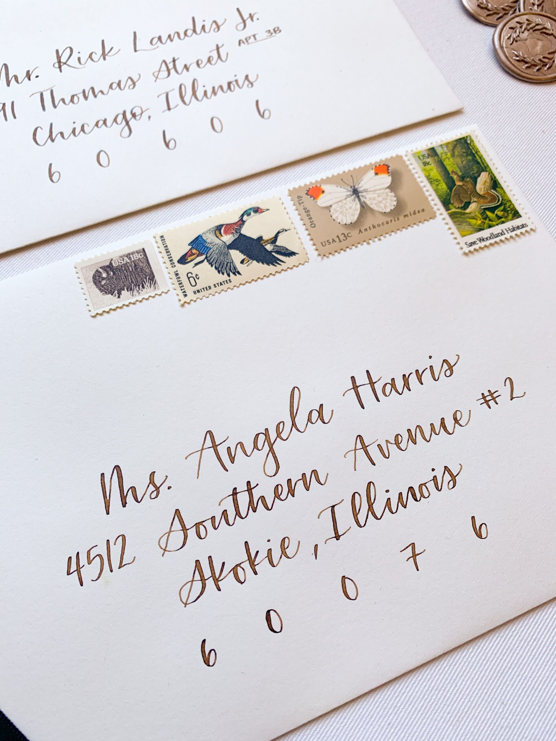 Handwritten calligraphy envelopes for wedding invites