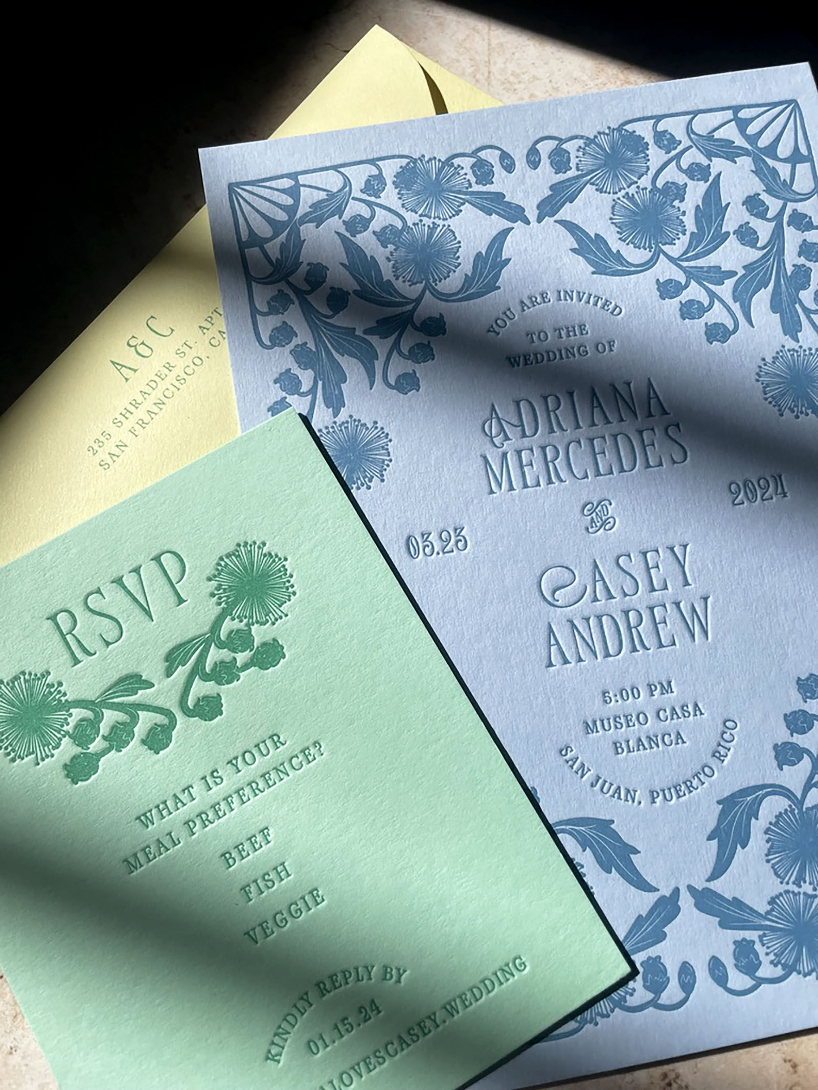 Colorful Pastel Modern Fairytale Letterpress Wedding Invites | Custom Modern Art Nouveau invitations