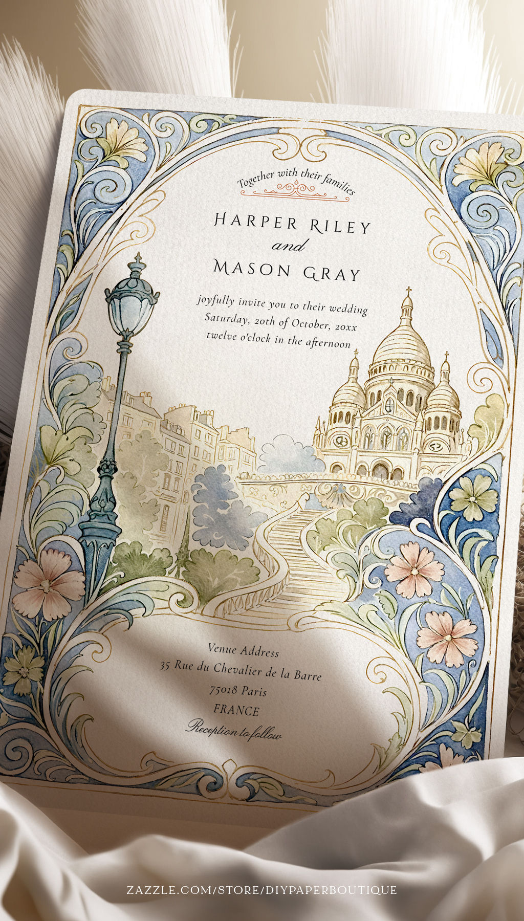 Paris Montmartre Wedding Watercolor Basilica Invitation