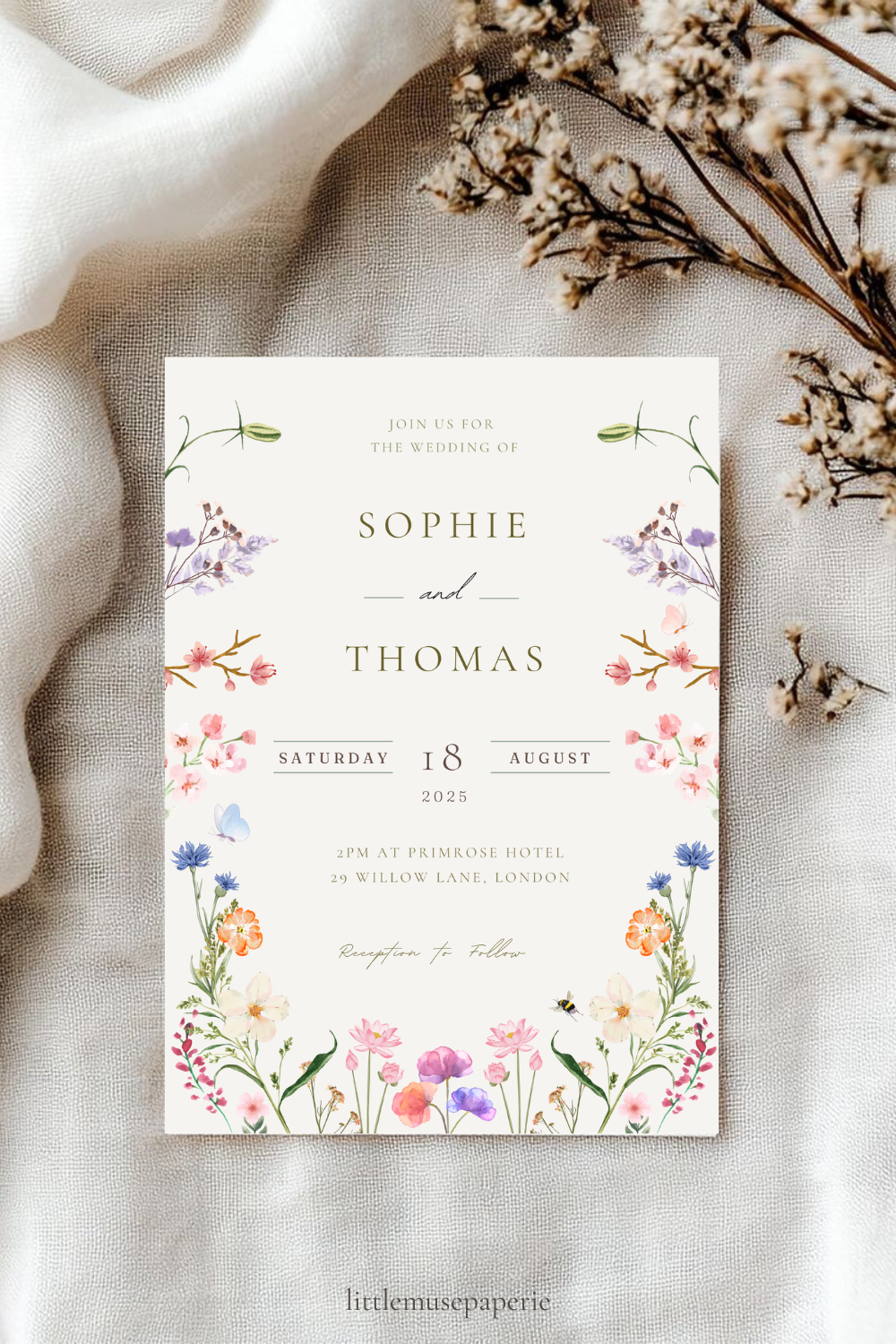 Floral Wedding Invitation Template — Dainty Wildflower Garden Printable Invite
