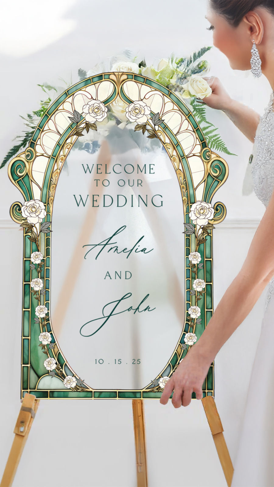 🌿 Elegant Stained Glass Wedding Welcome Sign – 2025 Collection 💒✨