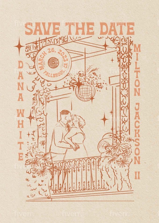 I will draw a retro wedding invitation or save the date