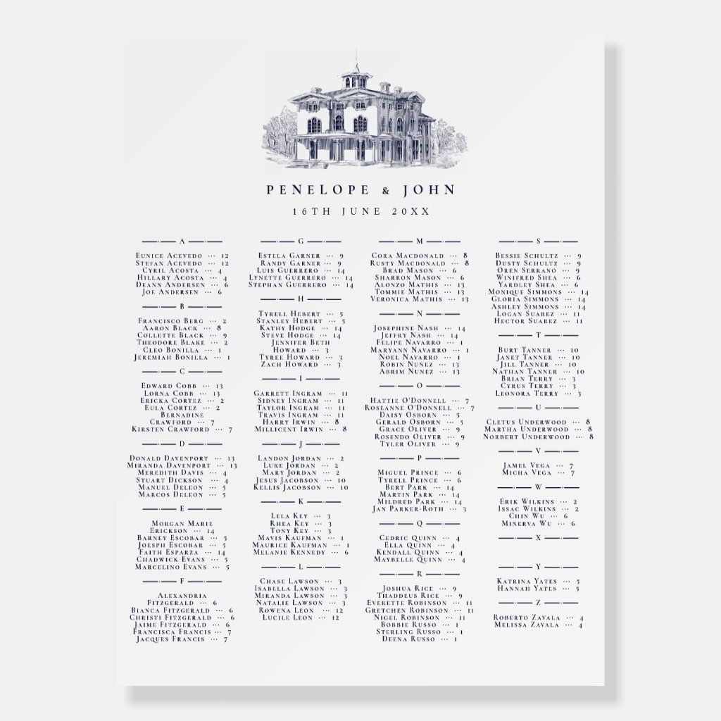 Elegant Villa Alphabetical Wedding Seating Chart Foam Board | Zazzle
