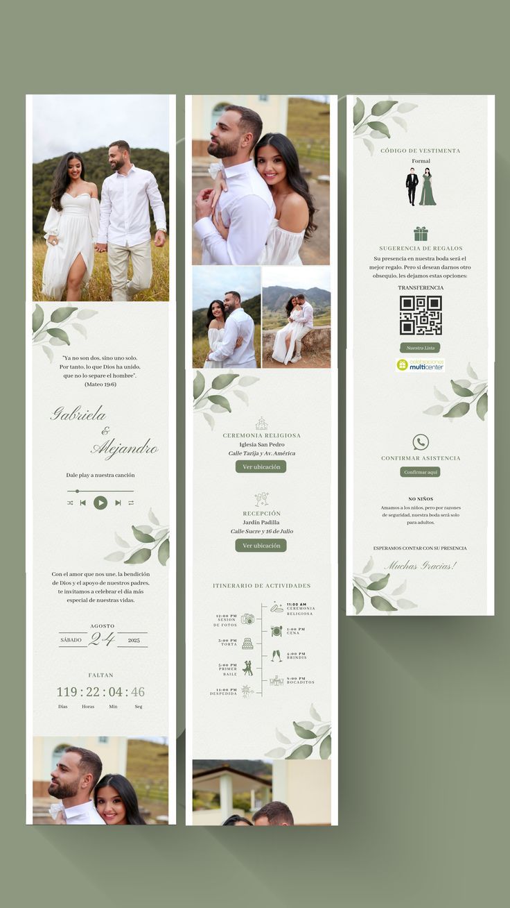 Invitación digital en verde oliva con música, fotos y ubicación 📍✨