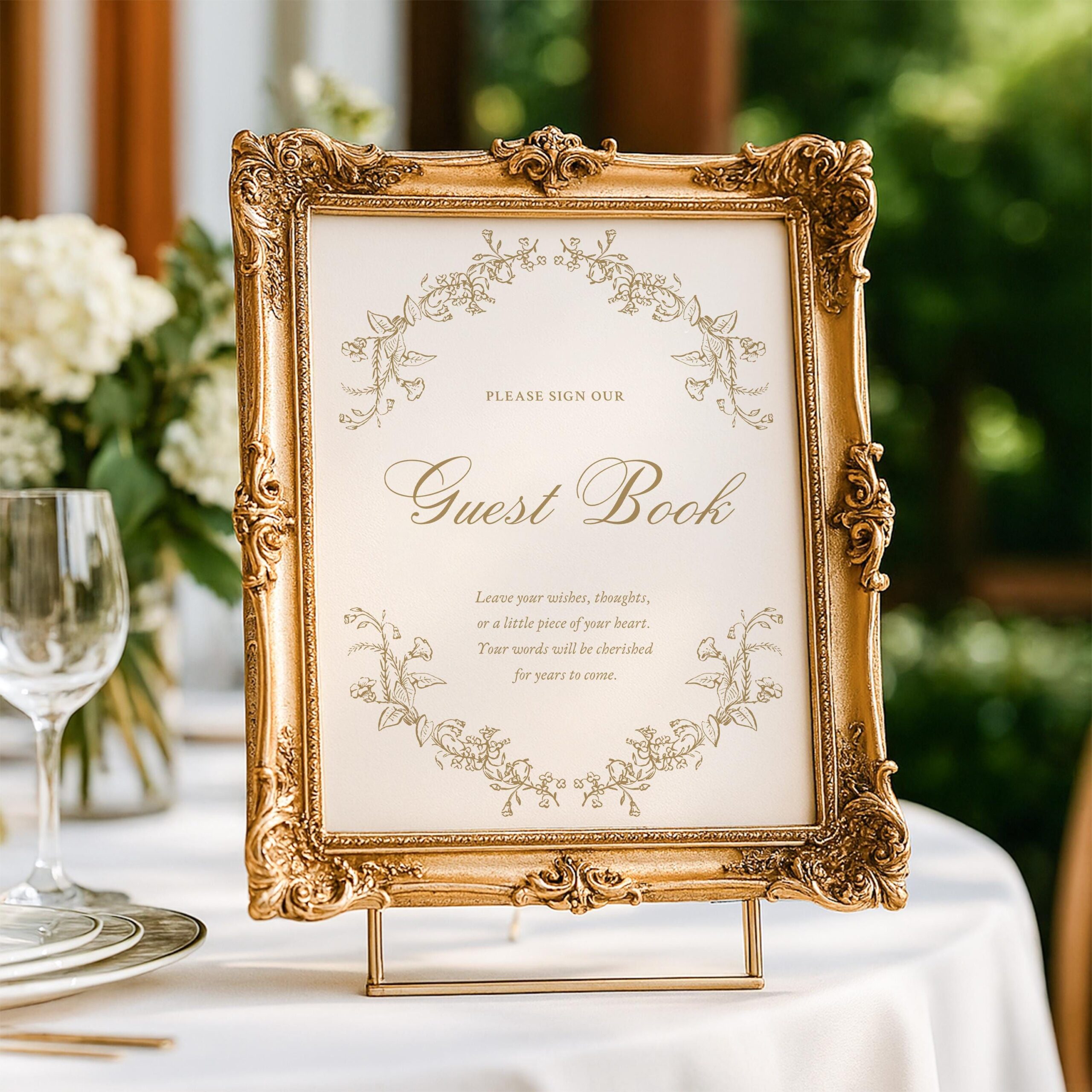 Modèle de livre d’or baroque classique, fleurs vintage dessinées à la main, illustration d’enseigne de livre d’or, enseigne de menu de bar, modèle canva