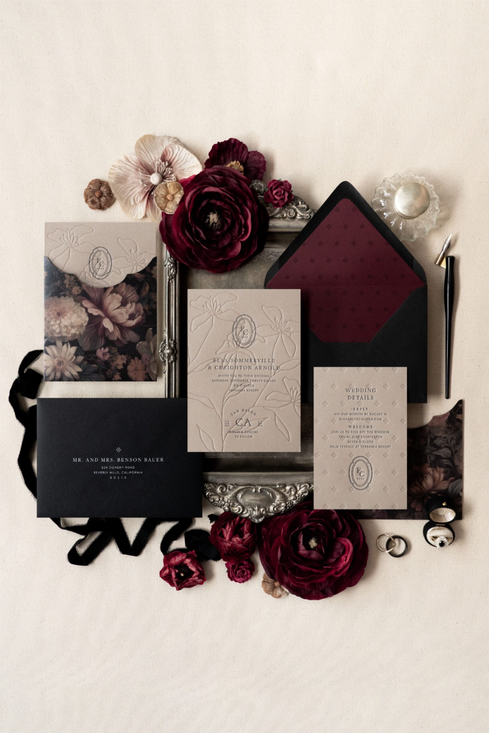 Elsa & Creighton Letterpress Wedding Invitation Suite — Burgundy & Black Luxury Design