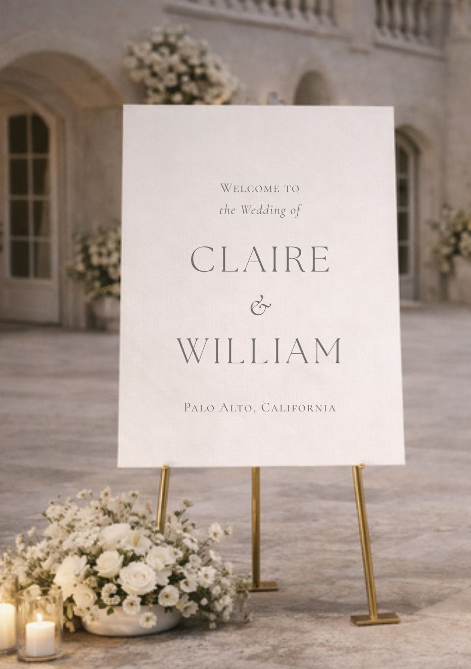 Timeless, elegant wedding welcome sign on easel