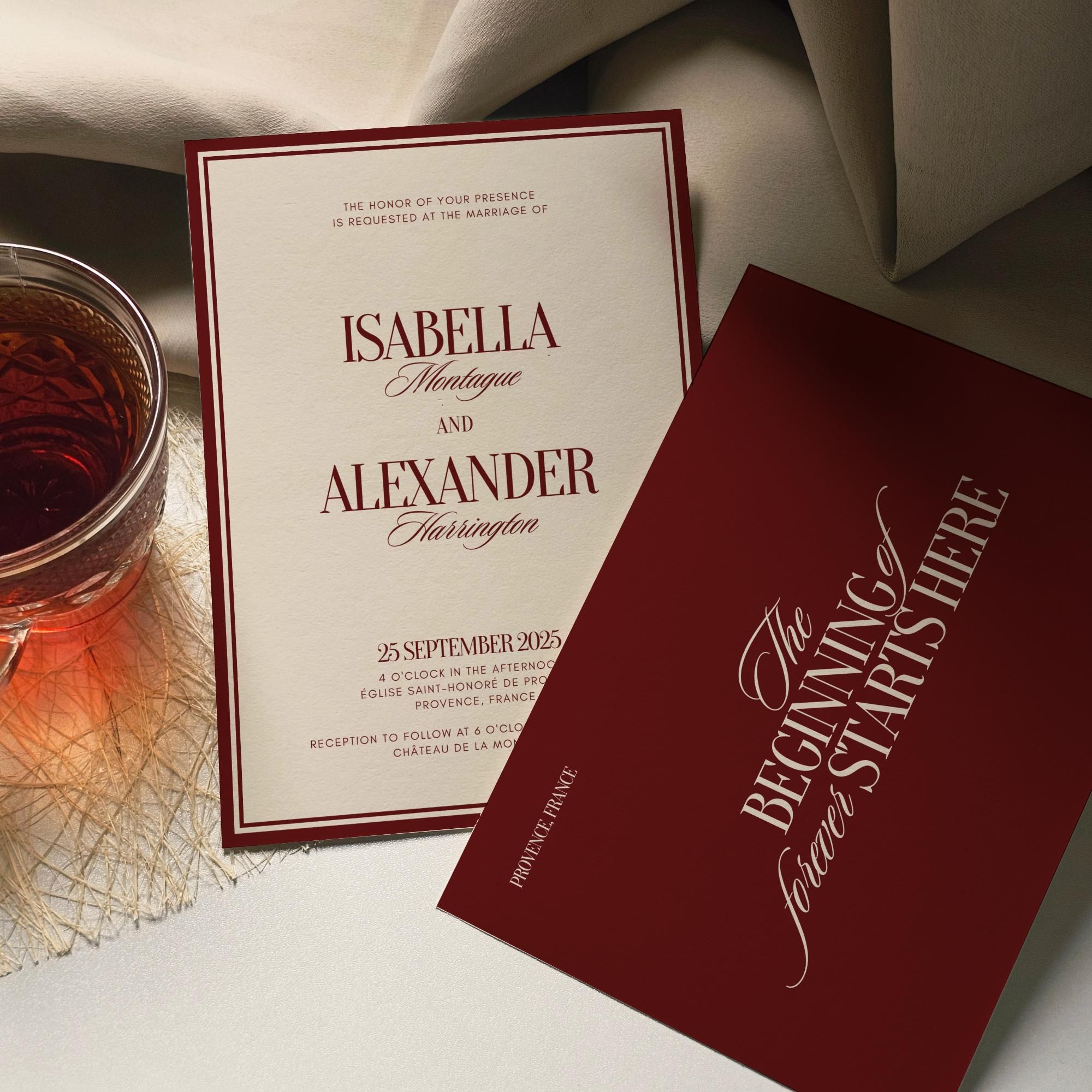 Modèle de suite de faire-part de mariage de luxe vieil argent, ensemble de faire-part élégant rouge et crème, faire-part de mariage intemporel, téléchargement immédiat OM02