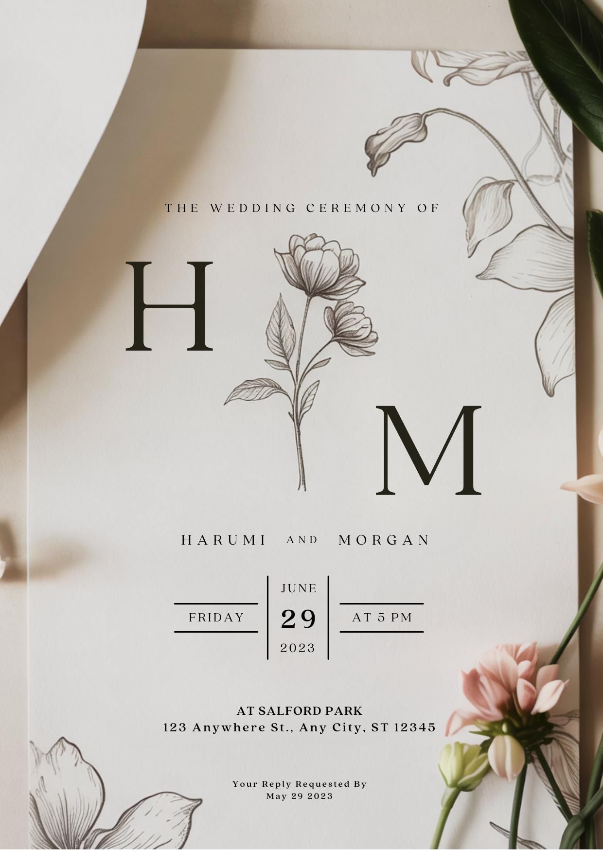 Elegant Wedding Invitation Template | Floral Line Art | Editable Canva Template