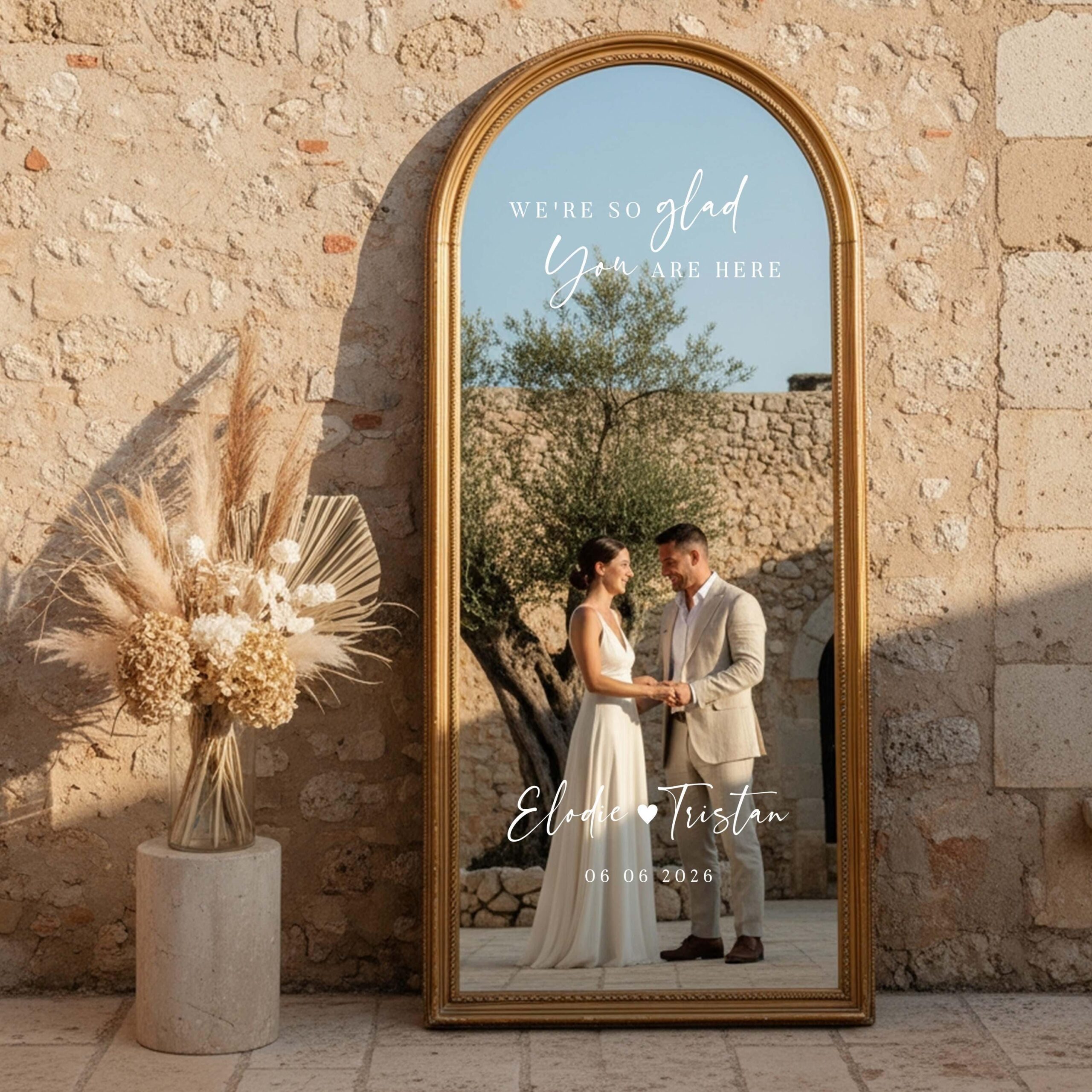 Autocollant élégant pour miroir — Bienvenue à notre mariage, nous sommes ravis que vous soyez ici