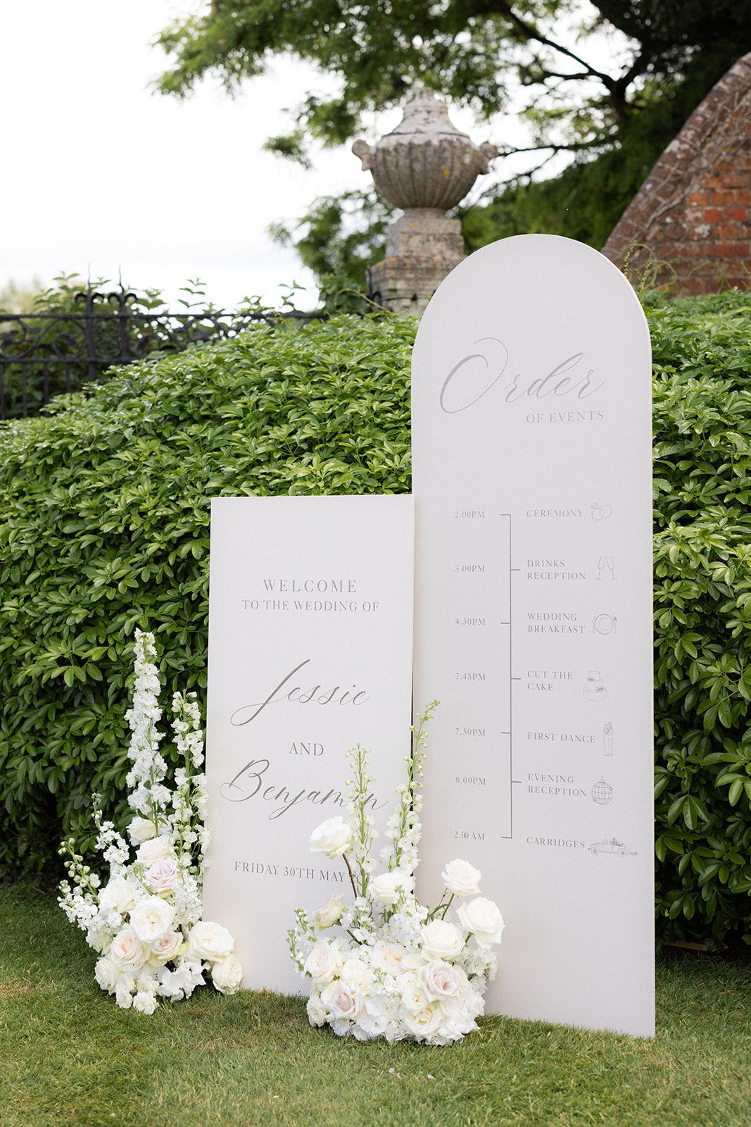 Chic Wedding Welcome Sign & Order of the Day with White Florals