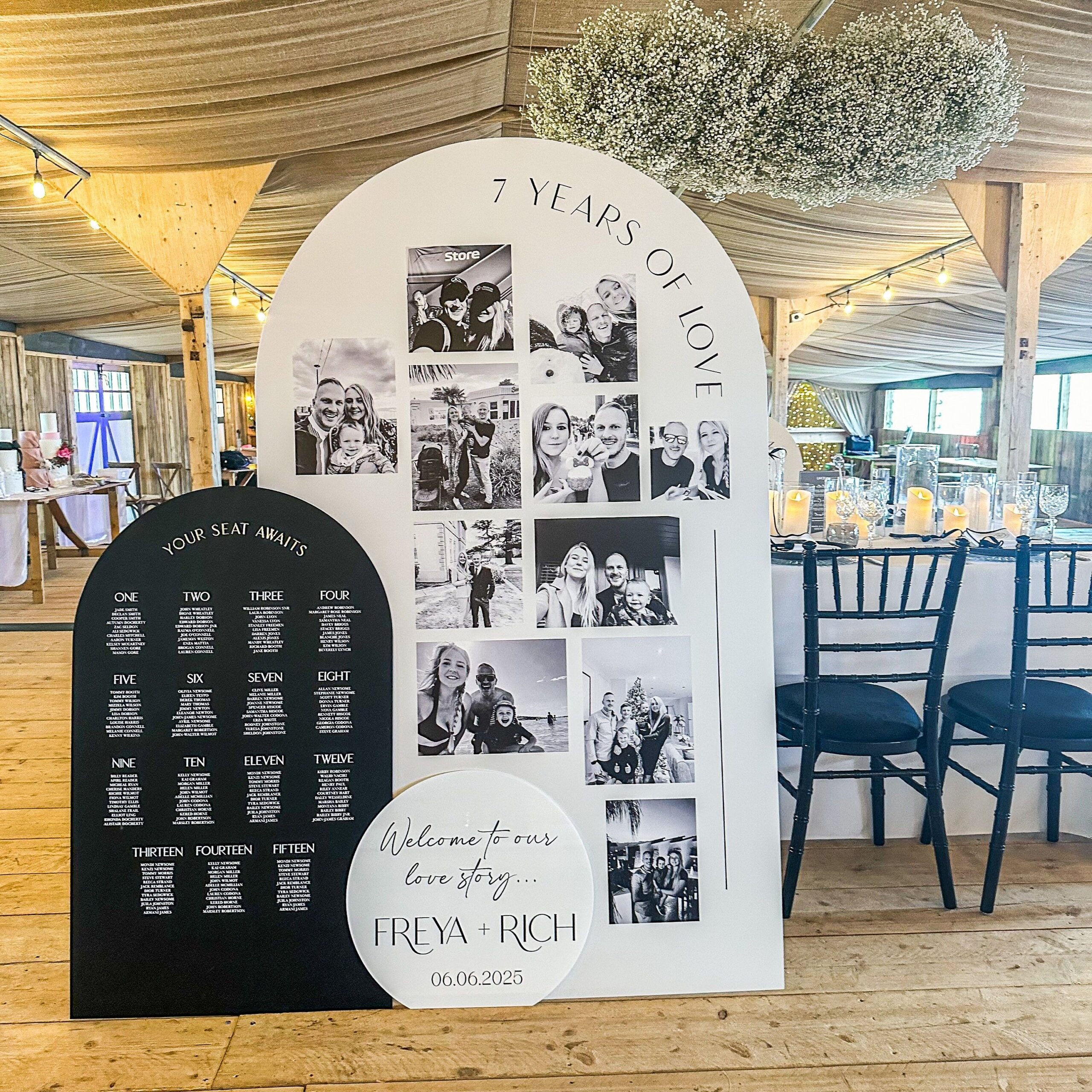 Love Story Extra Large Wedding Photo Installation With Table Plan & Welcome Sign, Freestanding Monochrome Signs,  Memories Photo Collage