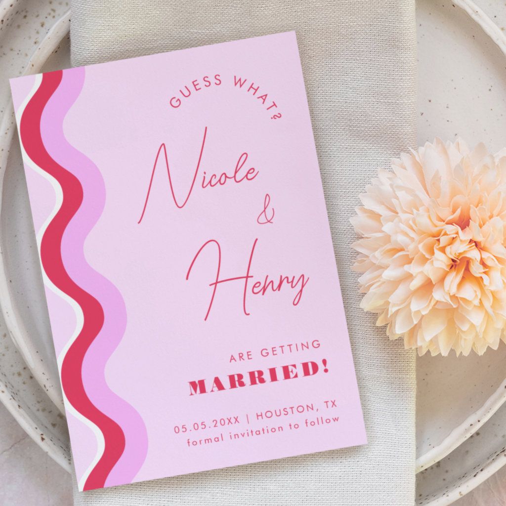 Bold Retro Wave Pink and Red Script Typography Save The Date | Zazzle