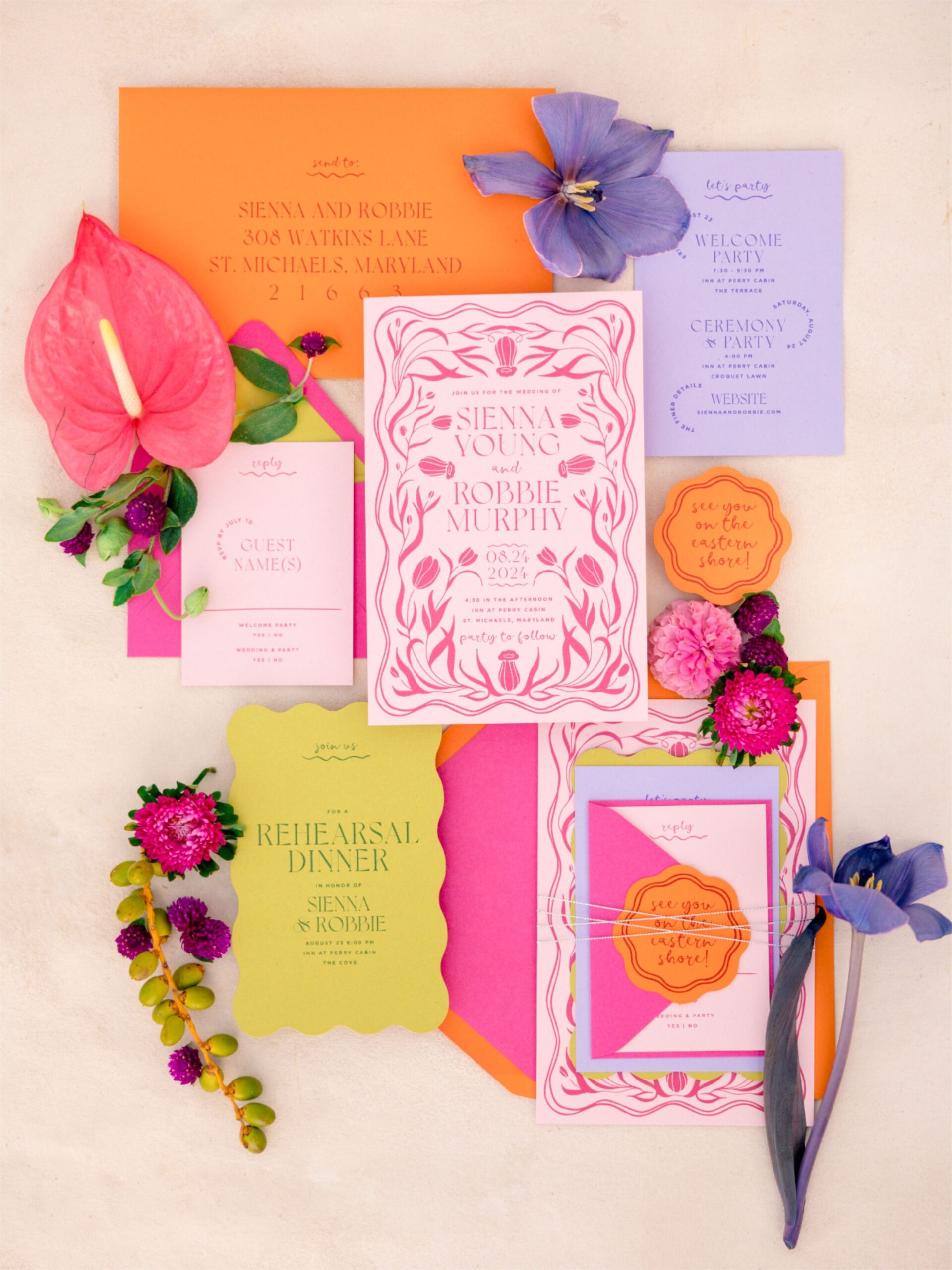 Colorful modern wedding stationery flatay