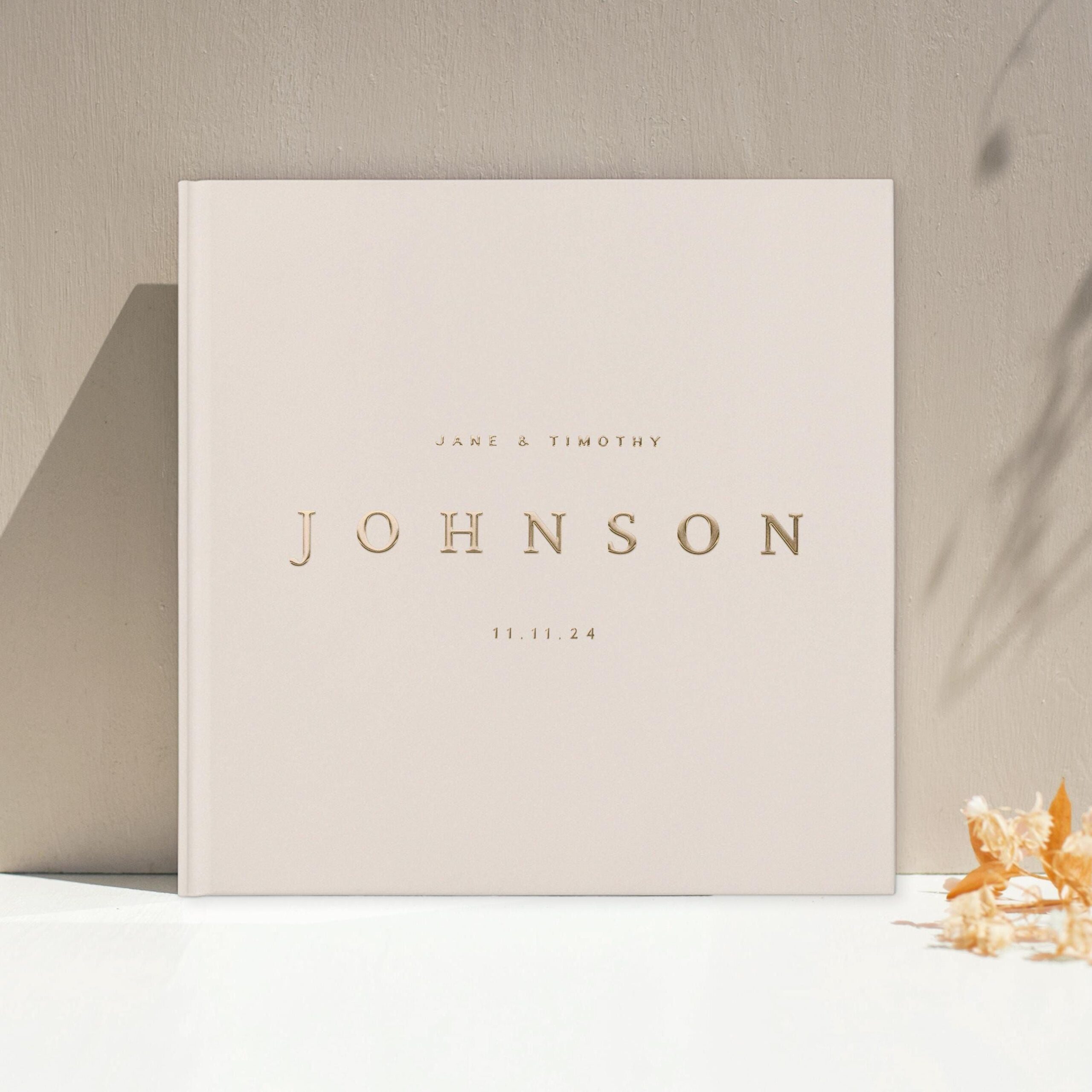 Livre d’or de mariage personnalisé, album photo de mariage personnalisé minimaliste à couverture rigide, or, or rose, feuille d’argent, album beige