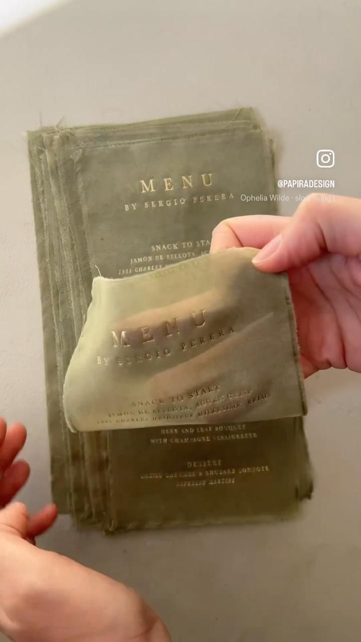 Silk Menus Gold Foil Printed. Luxury wedding stationery. Gold foil menus. Olive Green Fabric Menus