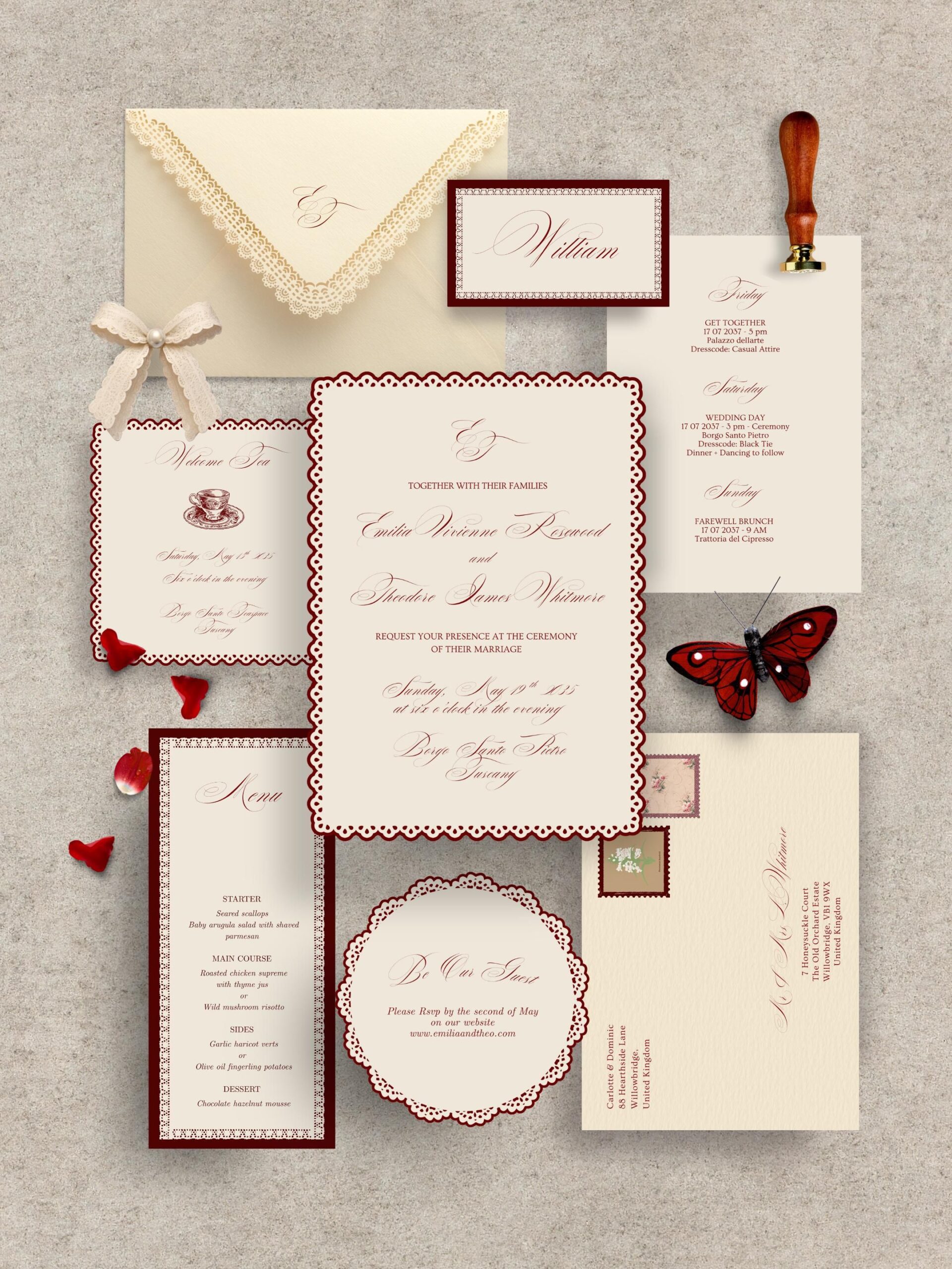 Suite De Faire-Part De Mariage En Dentelle, Faire-Part De Mariage Minimaliste Art Déco | RSVP, itinéraire, carte de menu