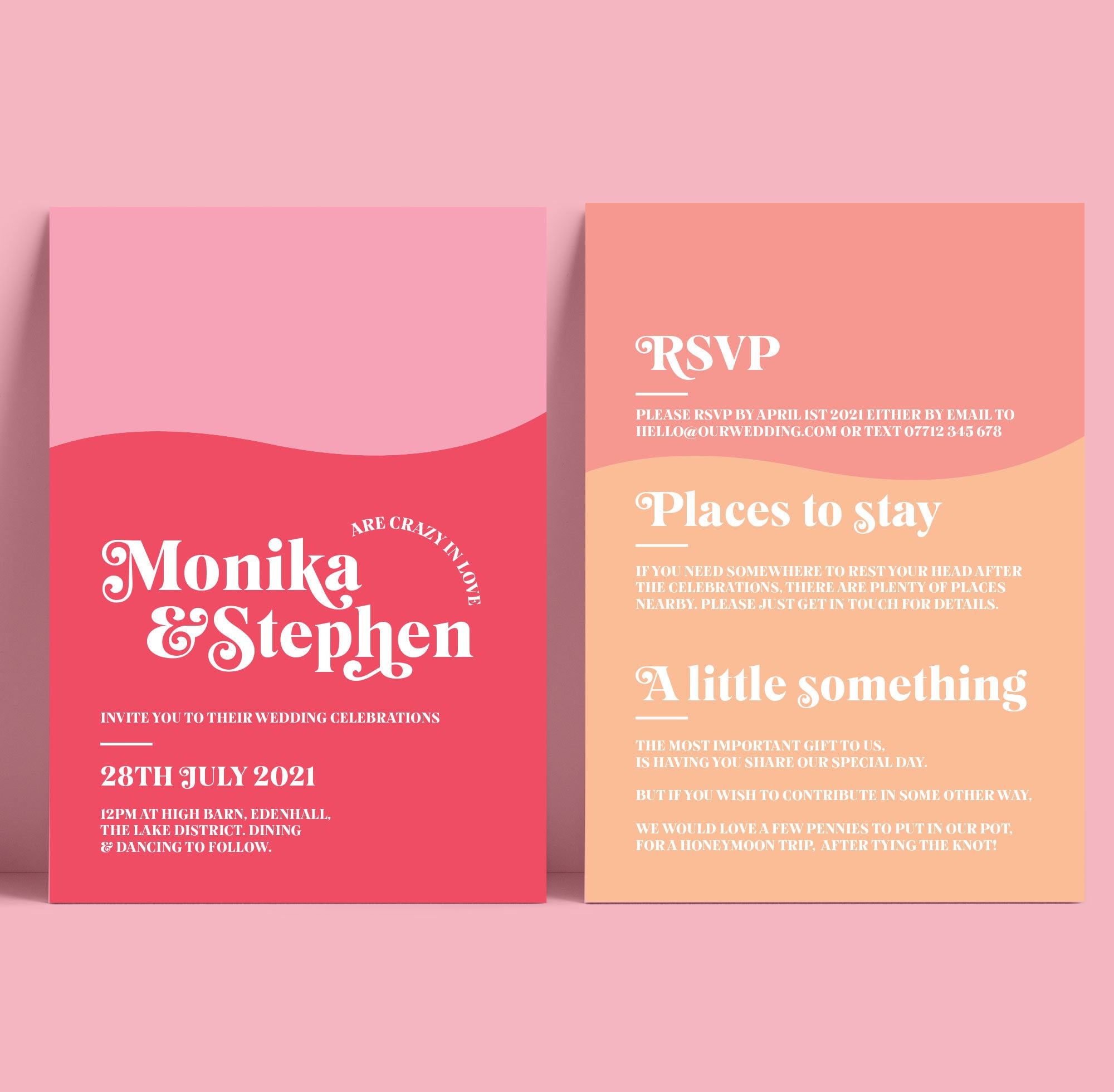 Faire-part de mariage rétro des années 70 : thème disco rose et rouge groovy (option numérique ou imprimée disponible)