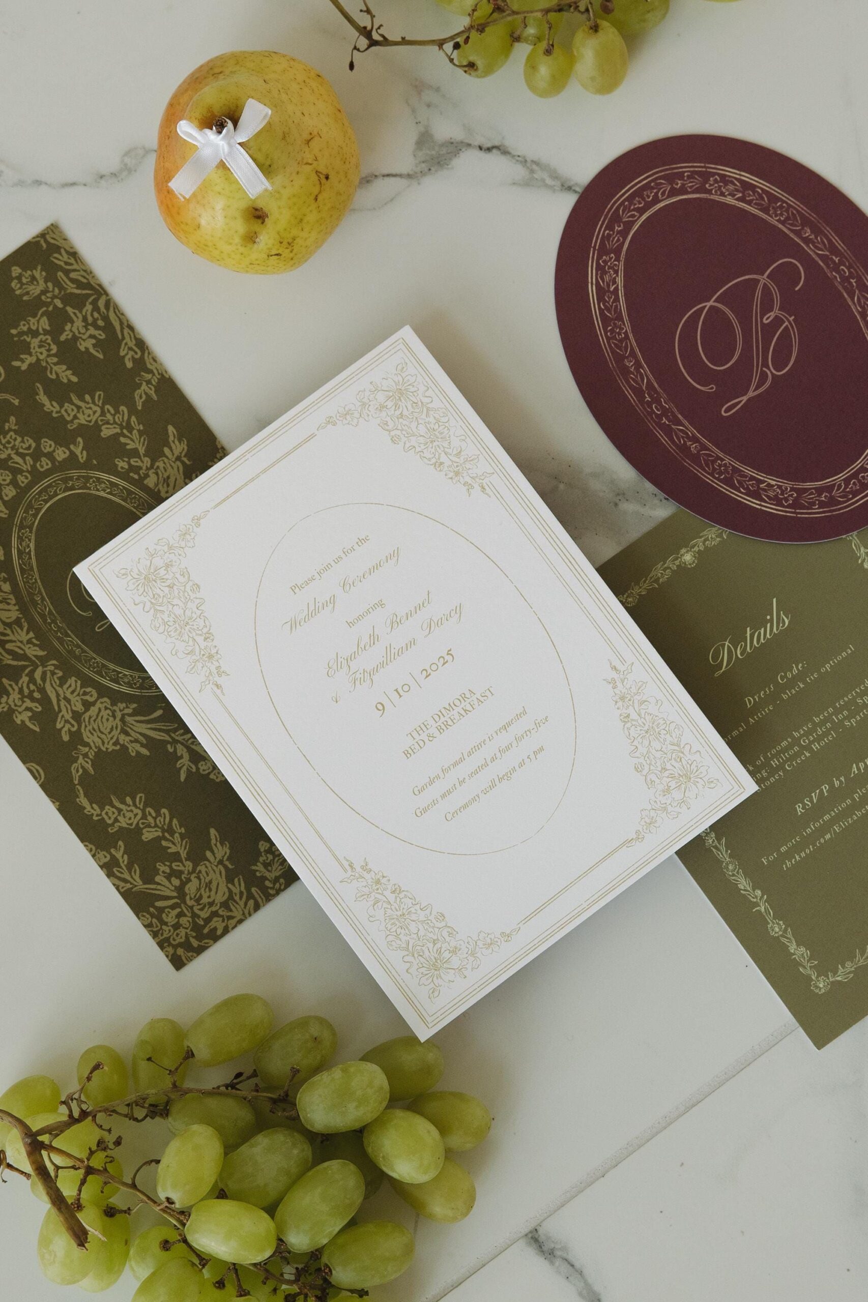 Suite de faire-part de mariage inspirée de l’orgueil et des préjugés de l’époque Régence | Lot d’invitations à une garden-party inspirée de Jane Austen illustrée à la main