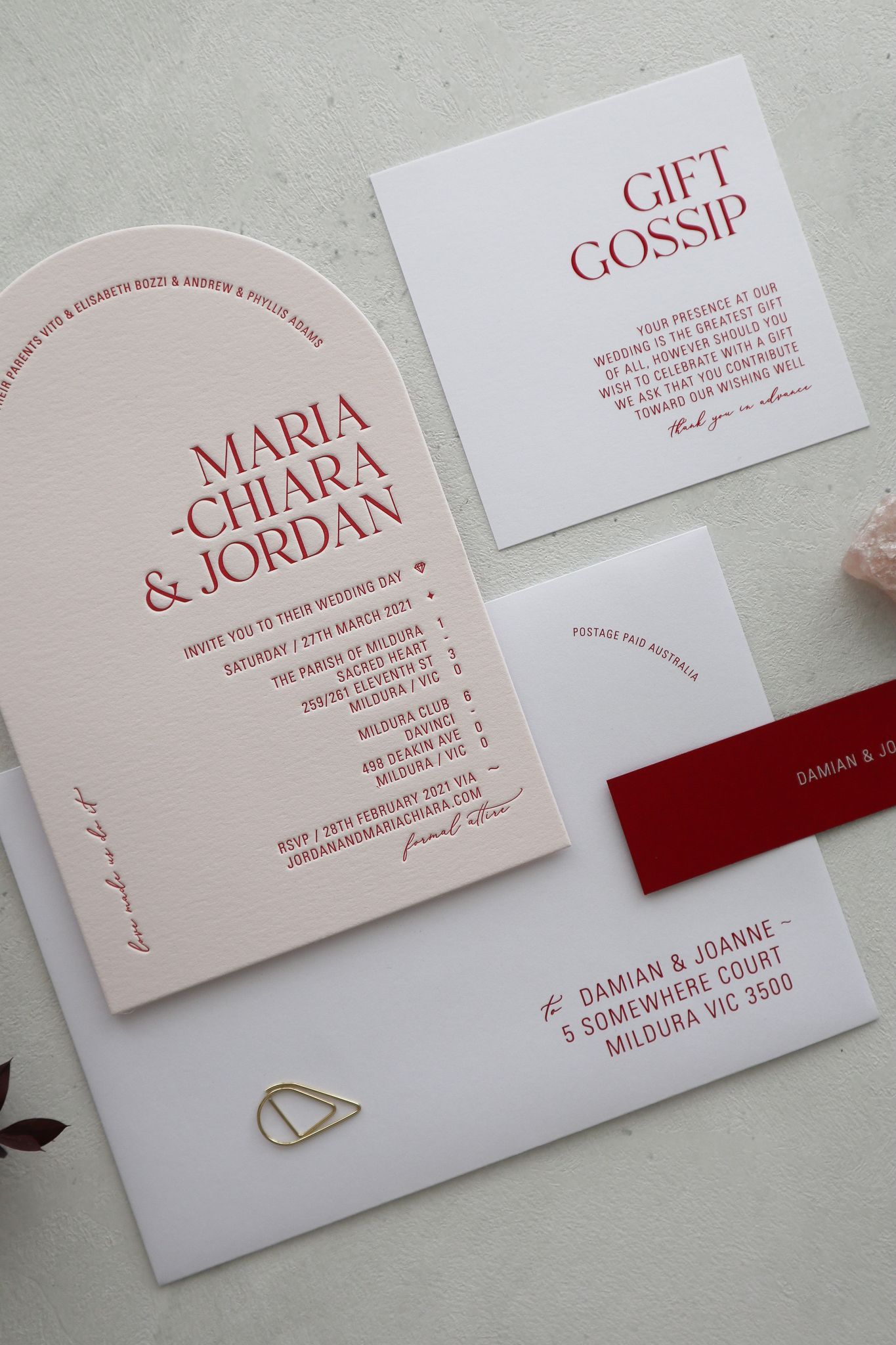 blush pink and red wedding invitation