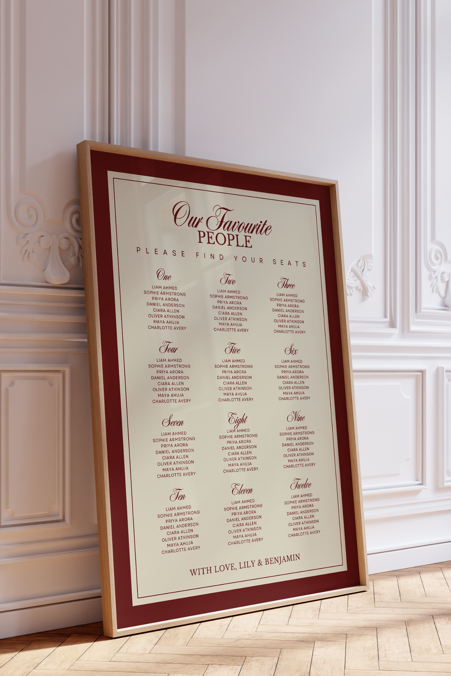 Old Money Burgundy Wedding & Event Seating Chart Template  |  Chalkshire Paperie