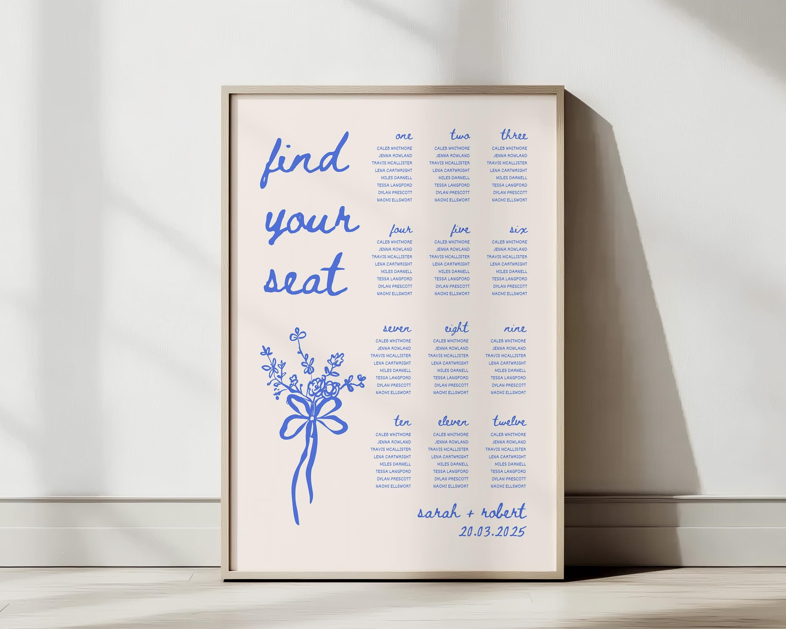 signe de table de table de mariage vintage, plan de table de mariage dessiné à la main, modèle de plan de Table de mariage floral vintage, signalétique de mariage de couleur bleue