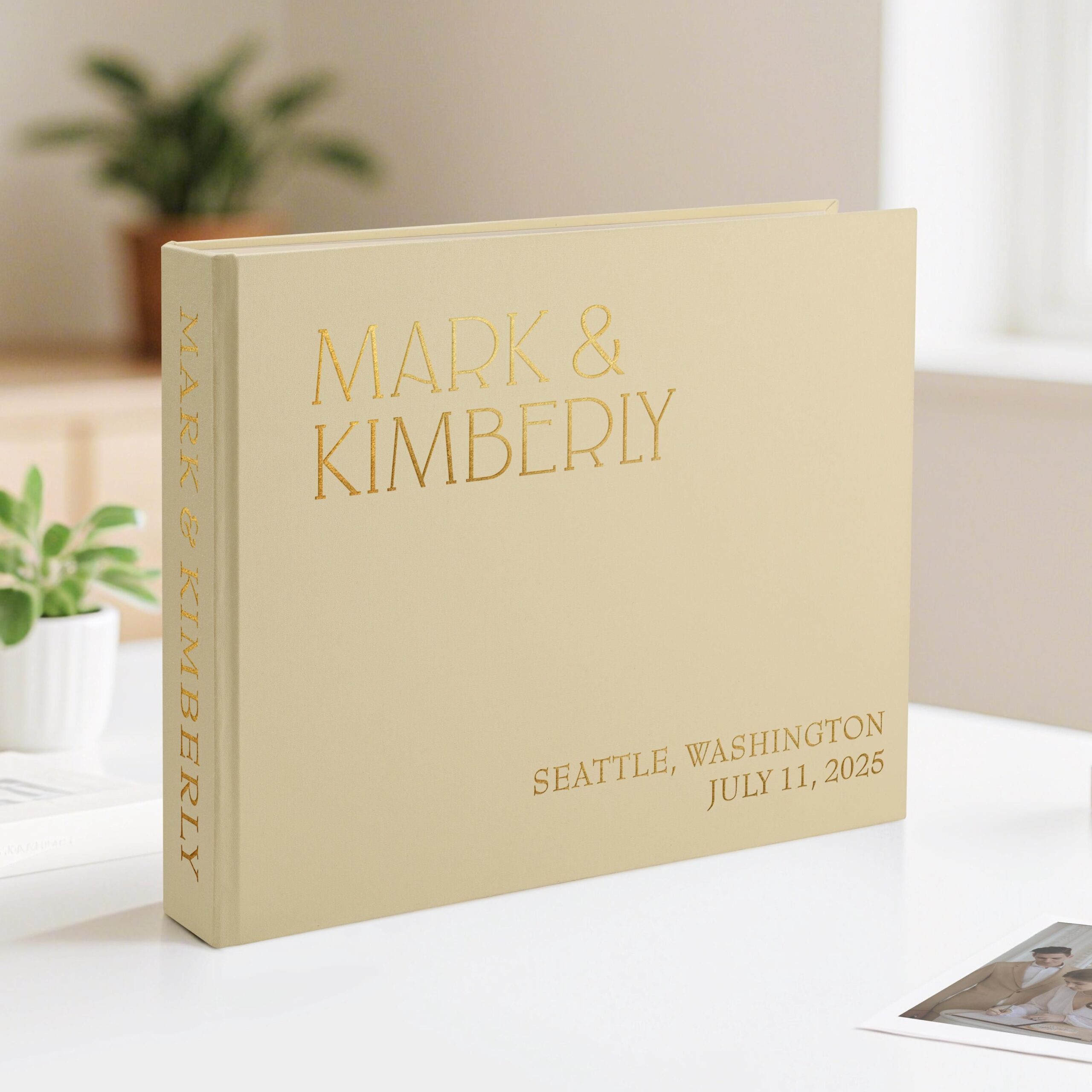 Personalized Wedding Guest Book, Gold Foil Photo Album, Handmade Fabric Cover