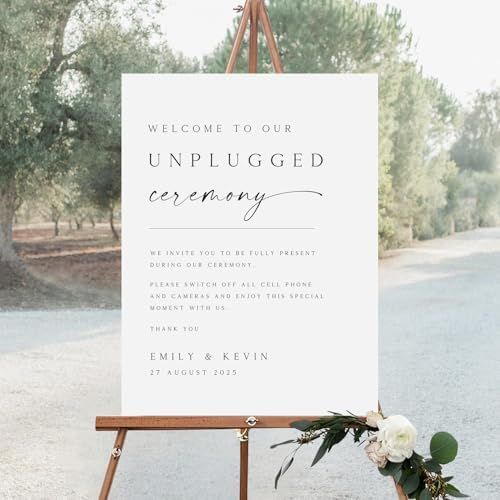 Unplugged Wedding Ceremony Sign, Elegant Unplugged Sign Decoration Signage 12″ X 18″ (Small), 27″ (Medium), 36″ (Large), Plastic, Modern, Pole Mount, Weather
