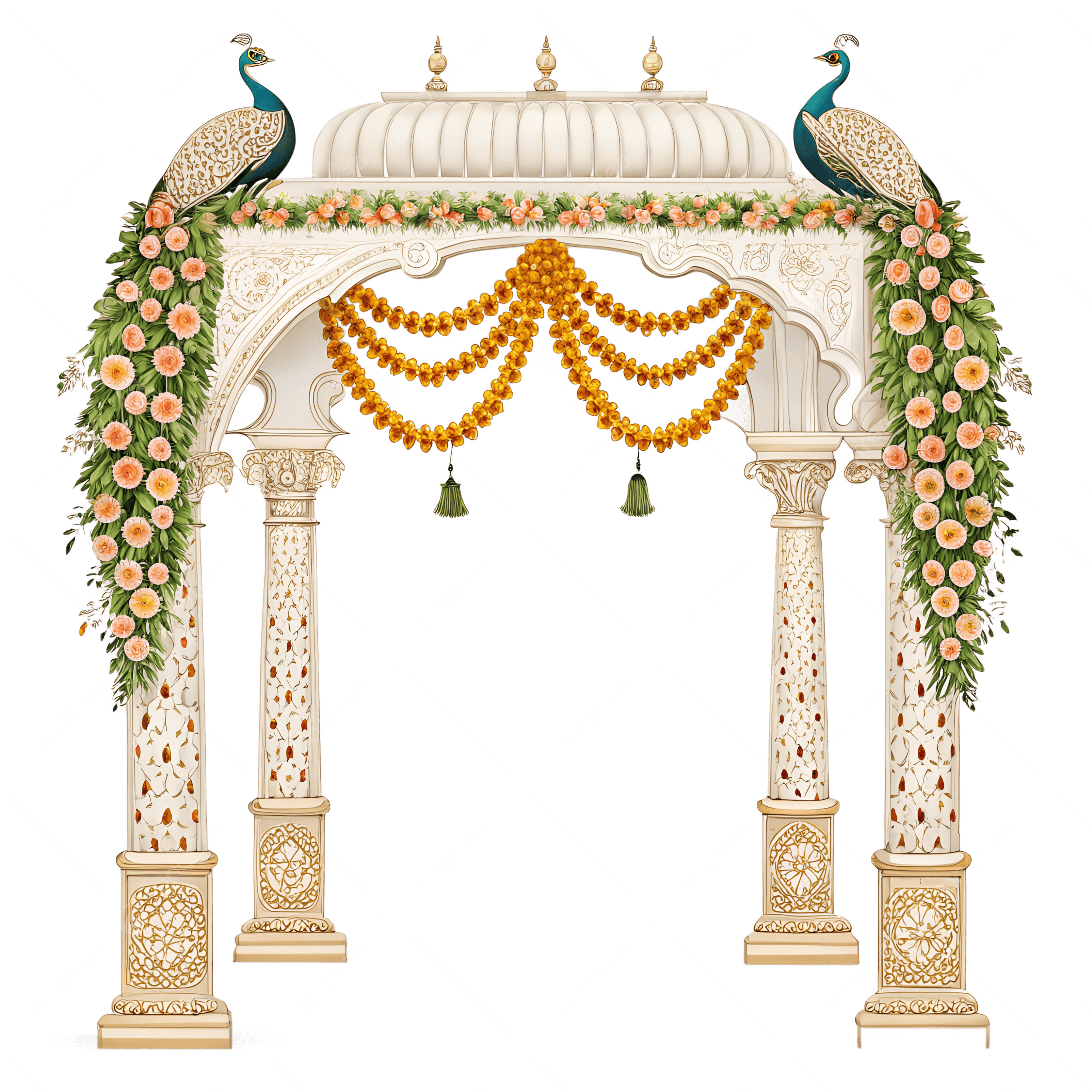 Grand Indian Wedding Mandap With Dual Peacock And Flower Pillar Arch, Indian Wedding Mandap, Peacock Arch Decor, Flower Pillar Design PNG Transparent Image and Clipart for Free Download