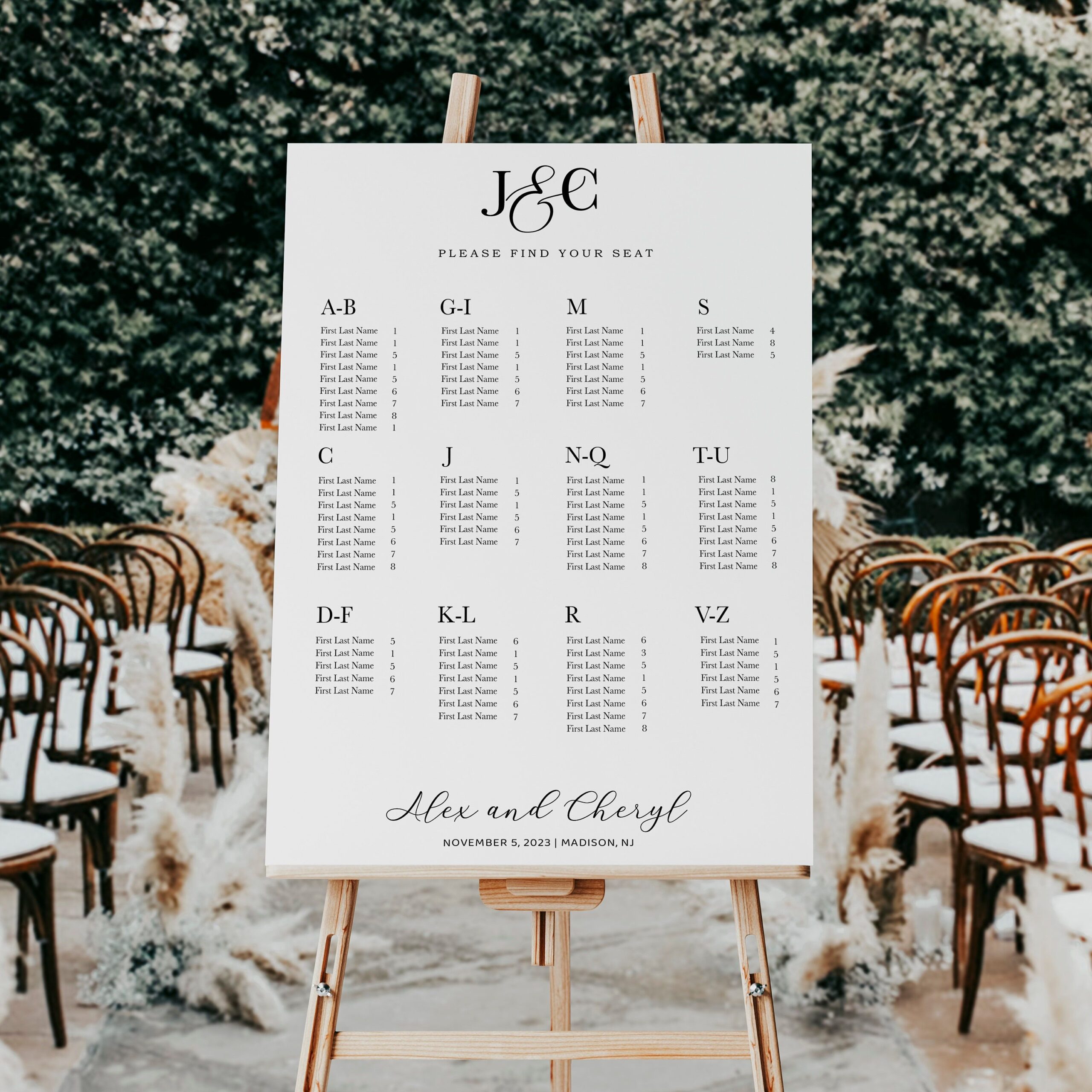 Plan de table de mariage personnalisable, modèle modifiable de plan de salle par ordre alphabétique, enseigne colorée pour l’événement