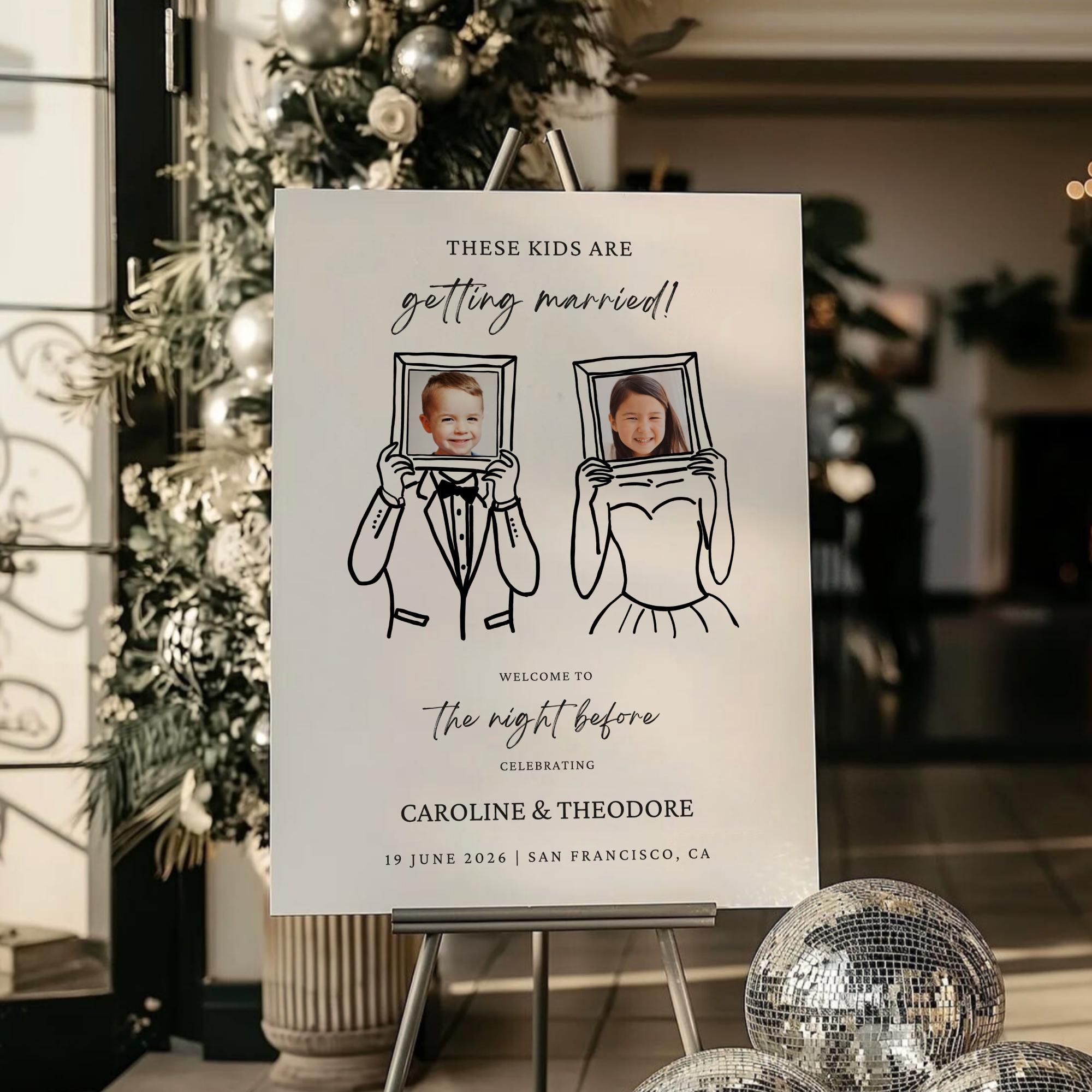 Panneau Ces enfants se marient avec photo, panneau de bienvenue pour le dîner de répétition, modèle la veille du mariage, téléchargement immédiat modifiable