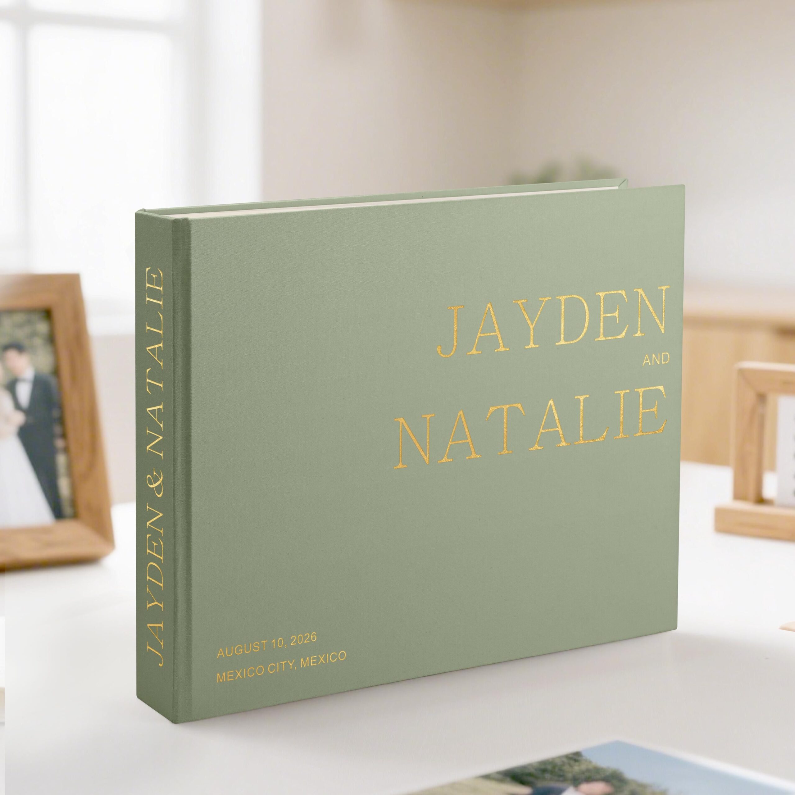 Custom Wedding Guest Book — Muted Mint, Gold Foil, Handmade Keepsake