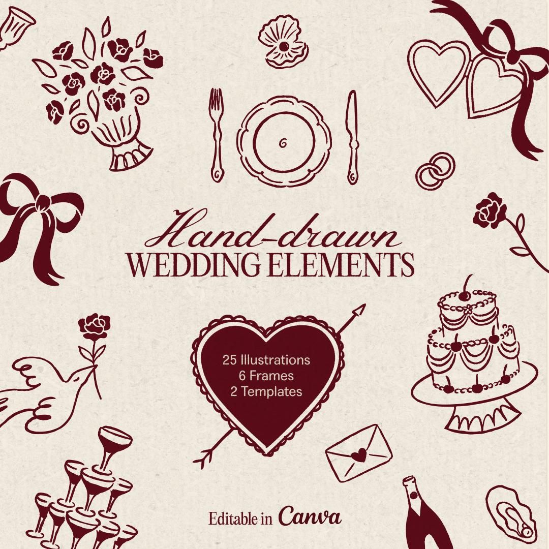 Ensemble d’illustrations de mariage fantaisistes : modèles vintage sur toile (invitations à faire soi-même, menus, réservez des dates) (téléchargement PDF