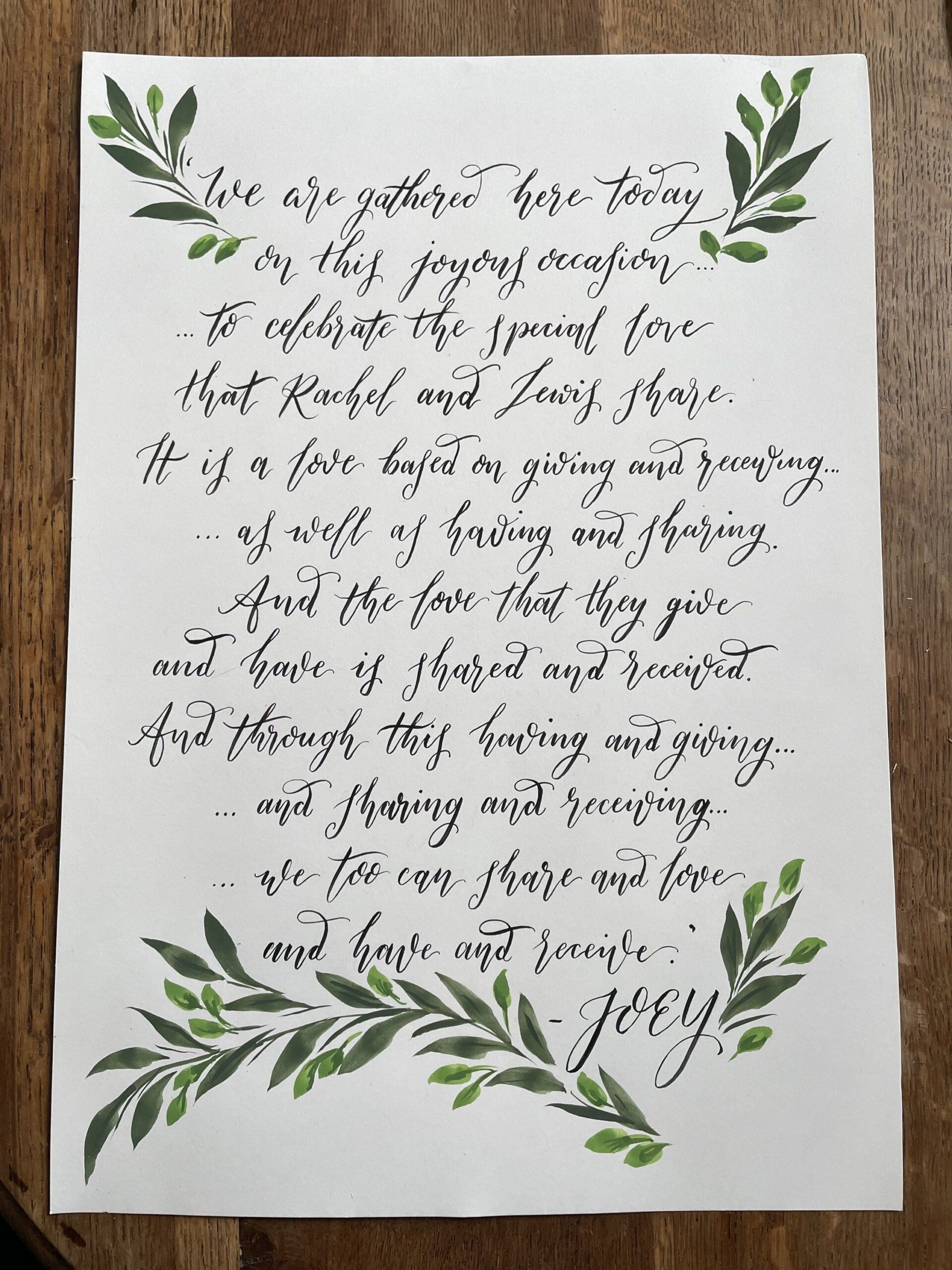 Hand painted calligraphy wedding vows on A3 Cartridge paper, wedding memento