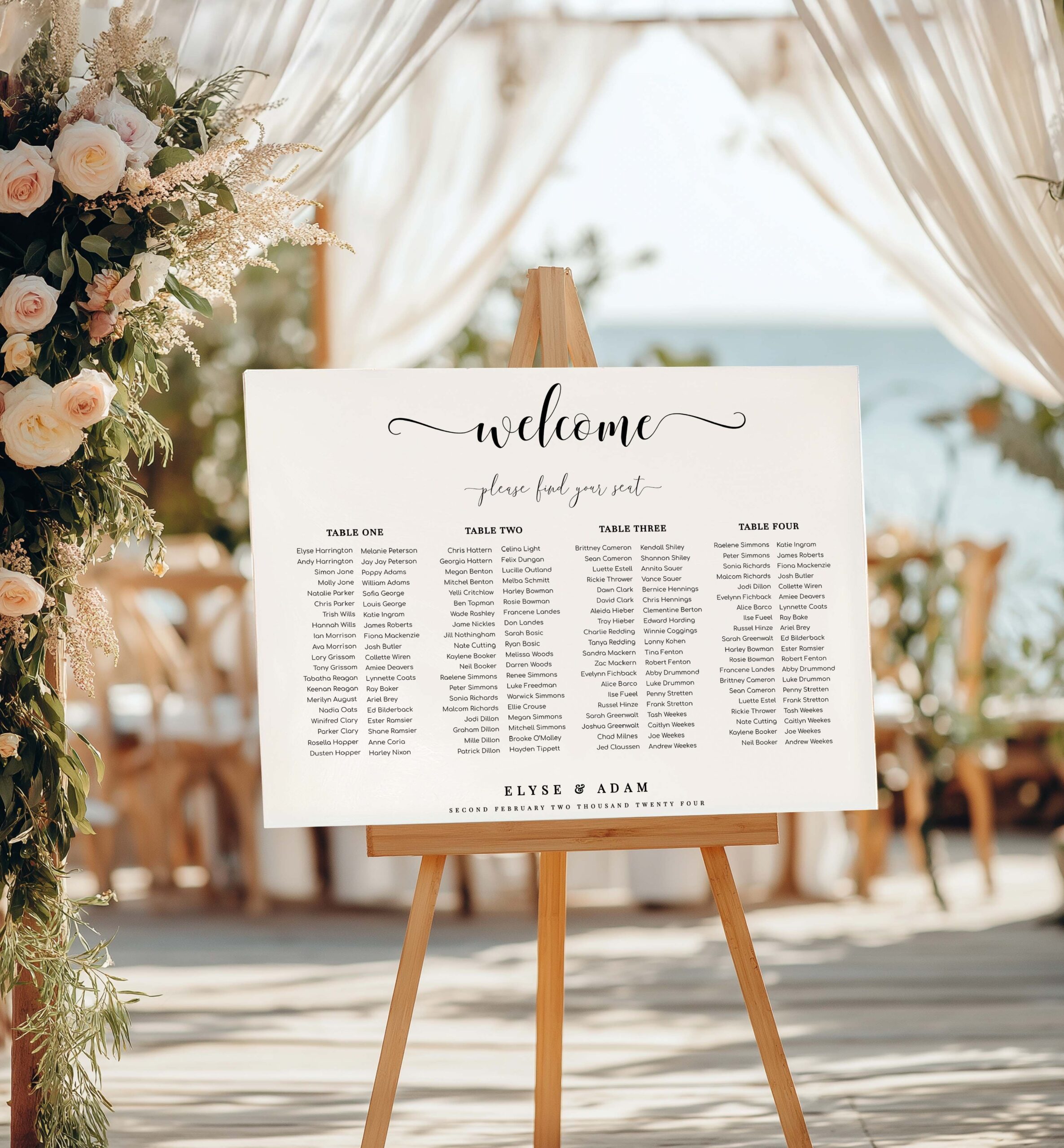 Leyton Script | Printable Seating Chart 4 Long Tables Template