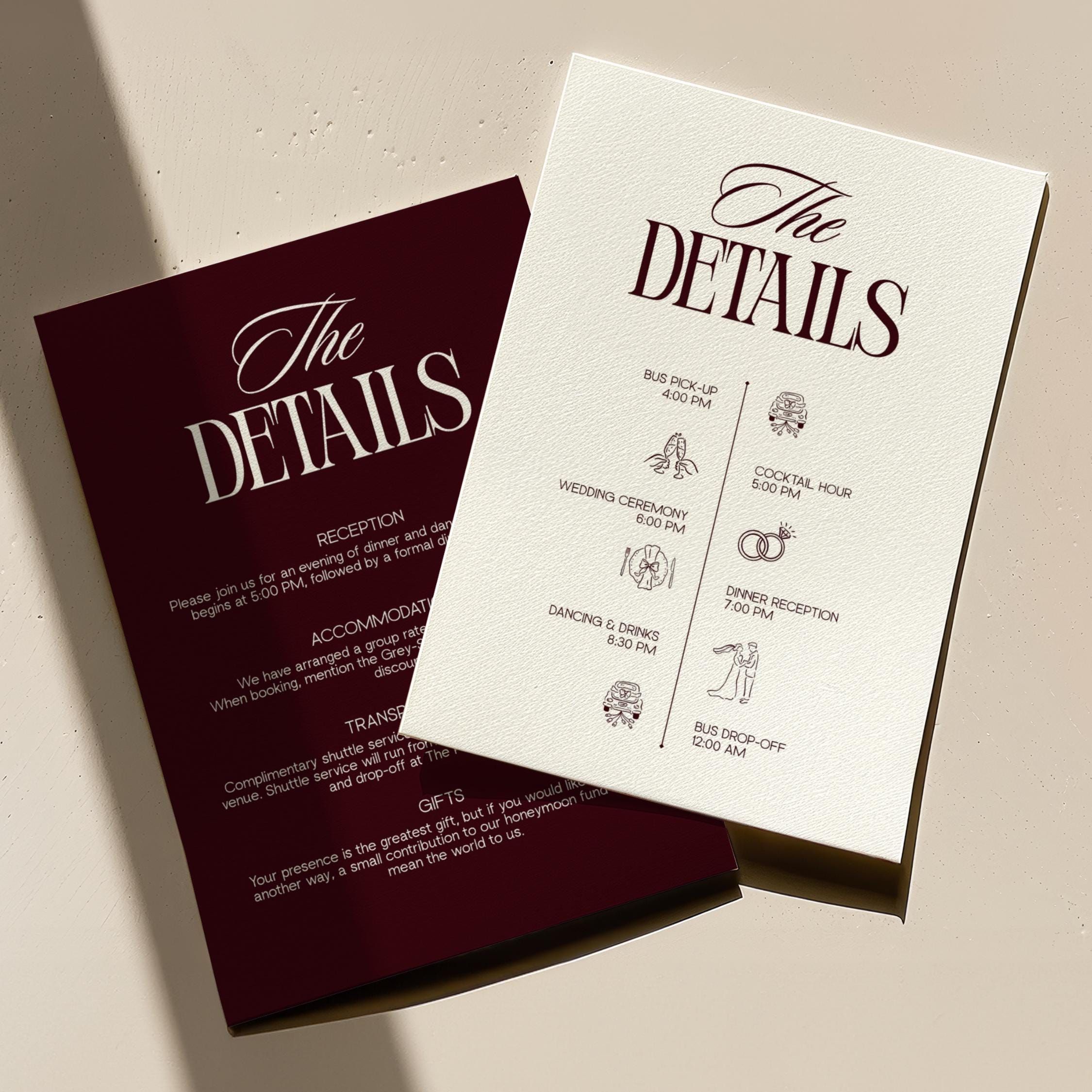 Modèle de carte de détails de mariage Bourgogne, chronologie de cérémonie de mariage rétro vintage, carte d’informations de mariage de luxe, itinéraire de mariage ancien argent, OMWB