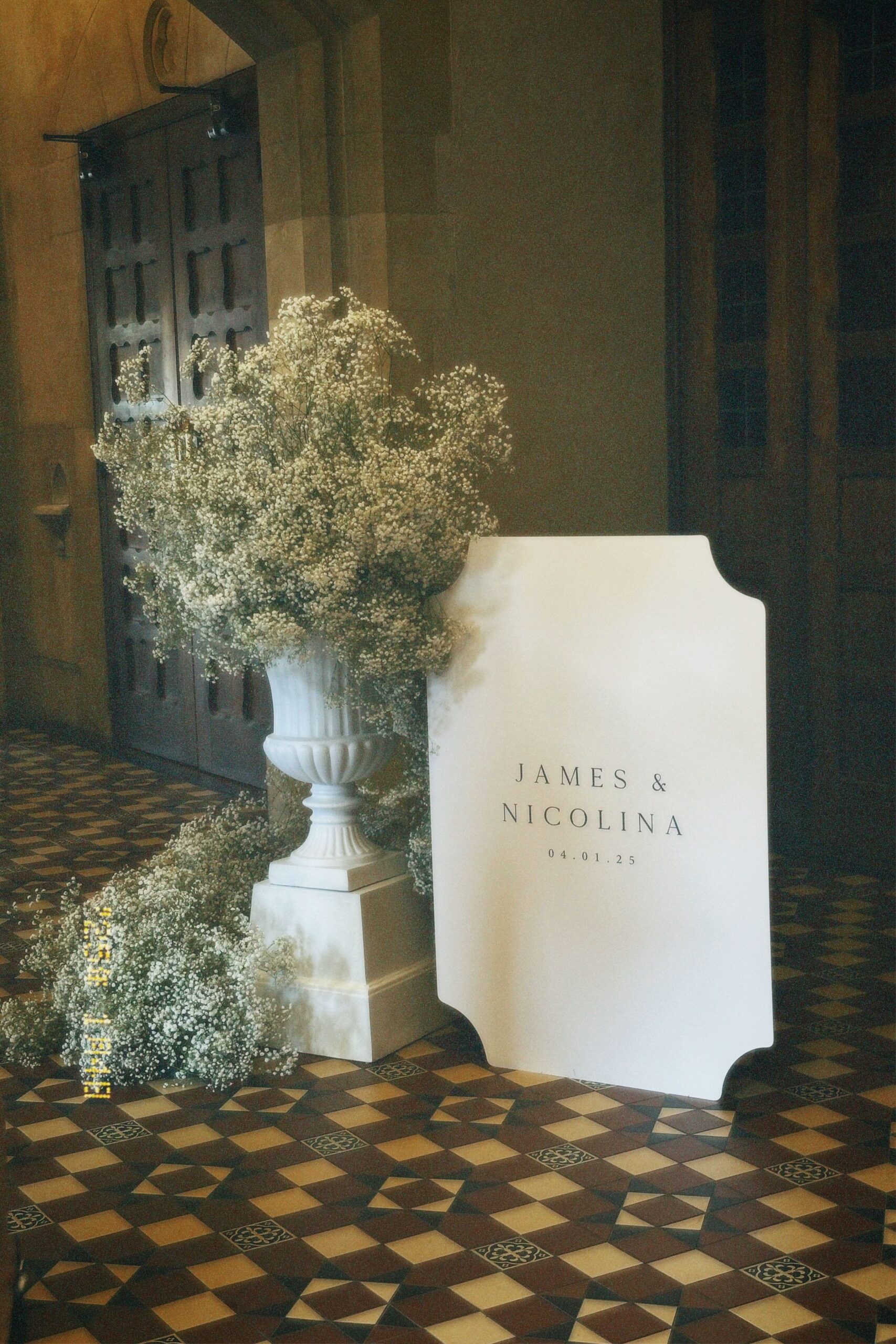 Wedding Welcome Sign with Gypsophila Cascade in Urn