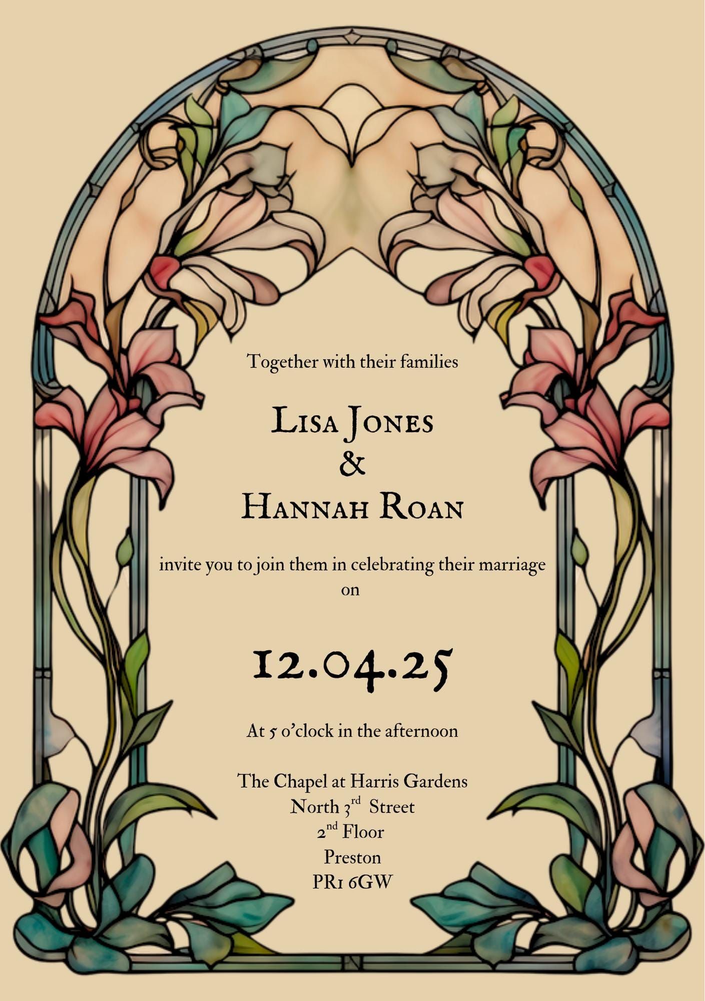 Faire-part de mariage en vitrail : art déco, couleurs personnalisées (téléchargement numérique)