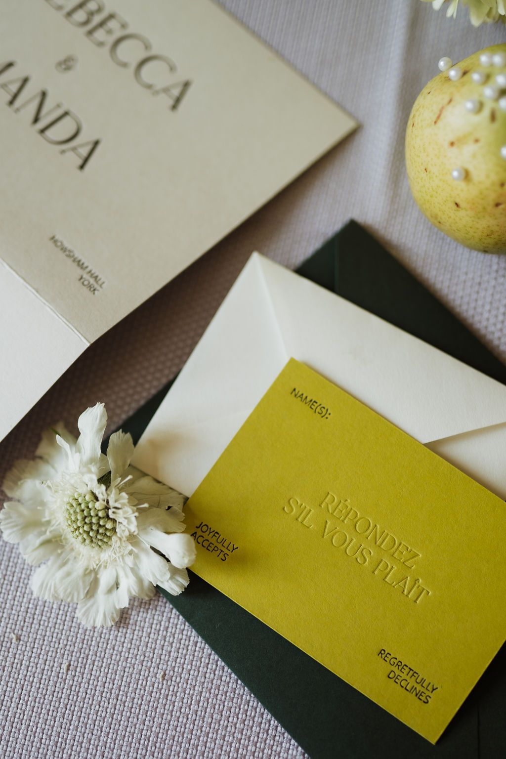 Chartreuse green RSVP card with blind deboss