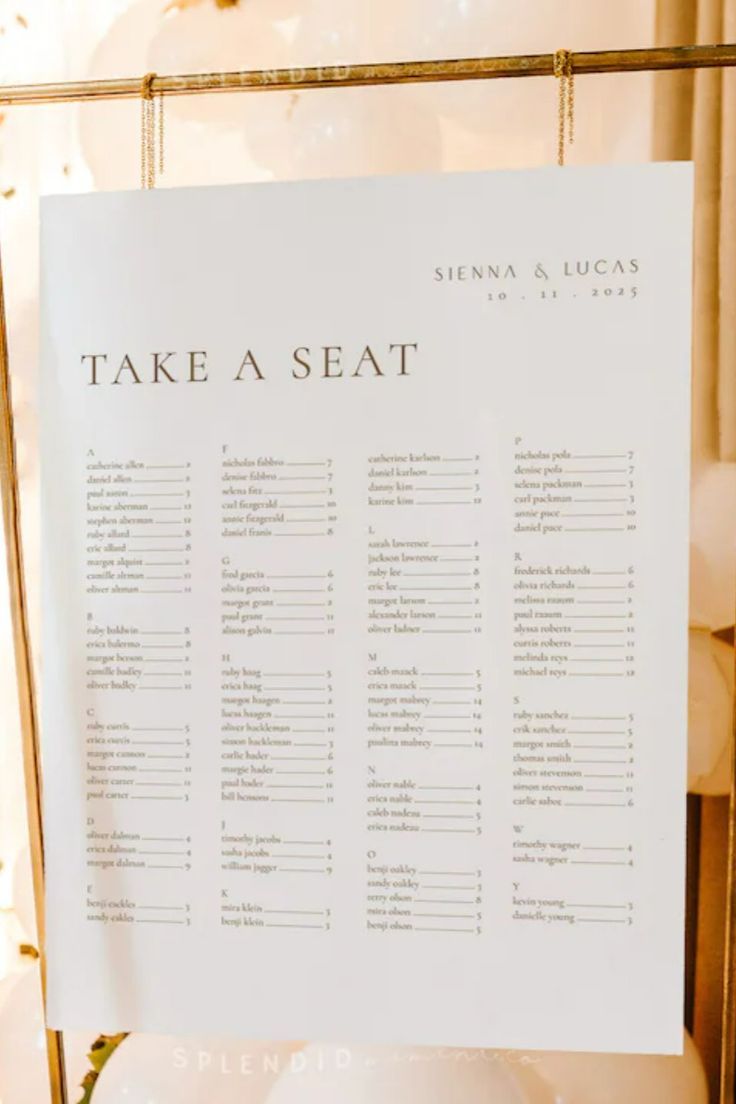 Gold Seating Chart Alphabetical Template, Wedding Seating Chart Alphabetical.