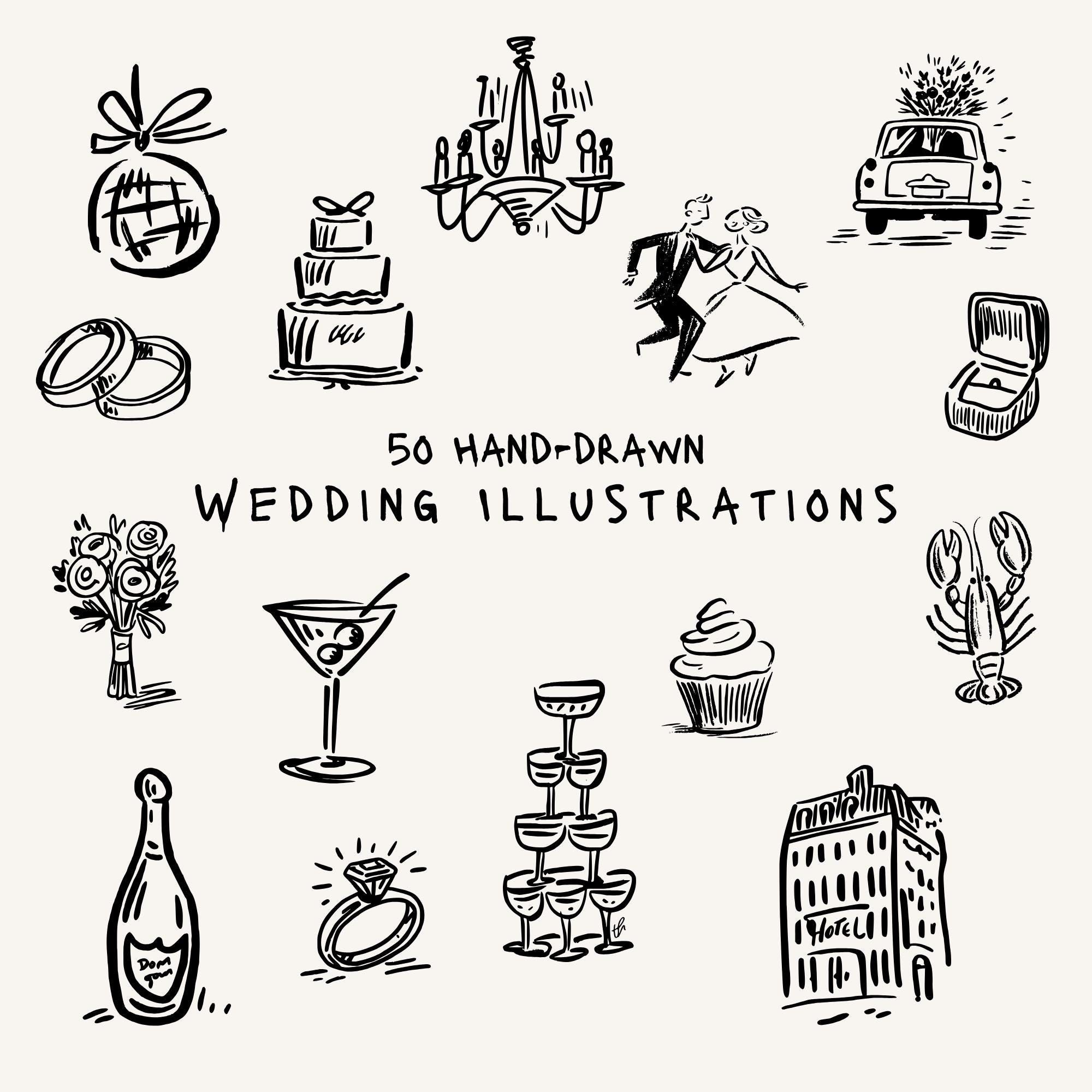 50 icônes de mariage dessinées à la main : images clipart SVG Canva (téléchargement numérique)