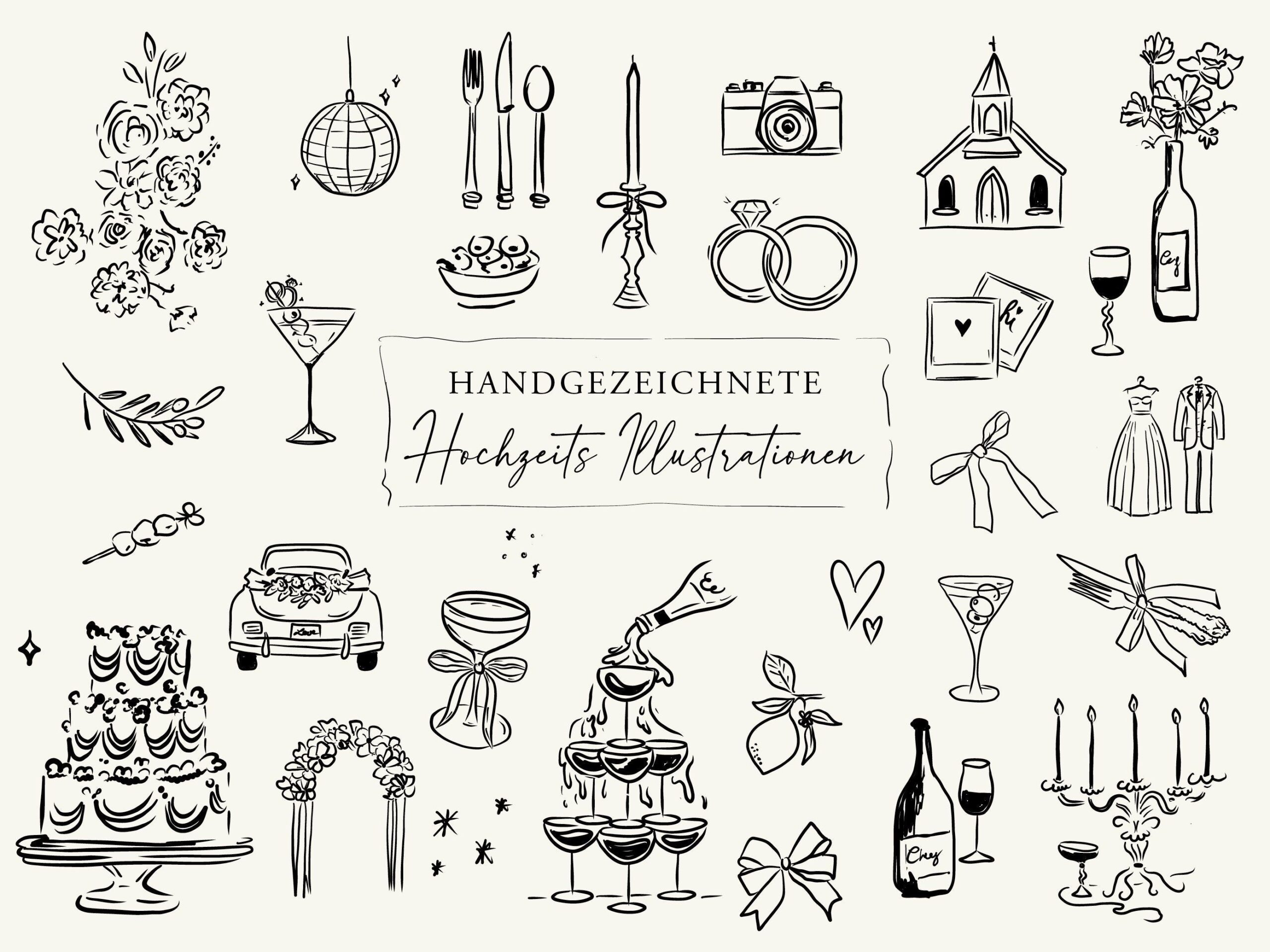 Hand drawn wedding illustrations and frames, doodle, icons, timeline, bridal couple, bride, dress,