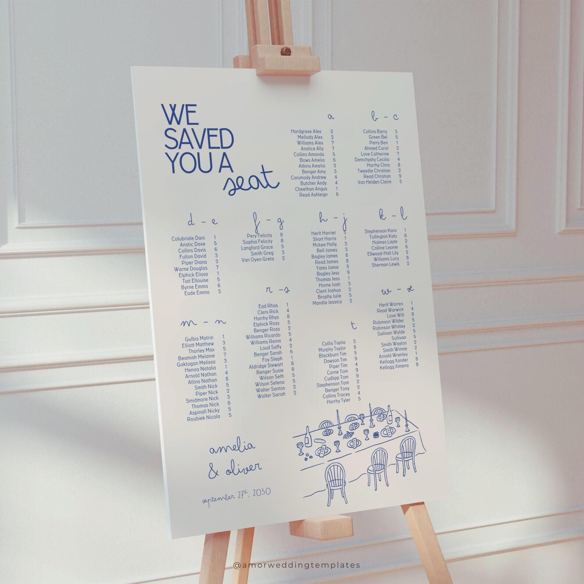 Classement alphabétique des places assises bleu Modèle de plaque de table de mariage dessiné main bleu Disposition manuscrite des places assises pour plaque de réception de mariage