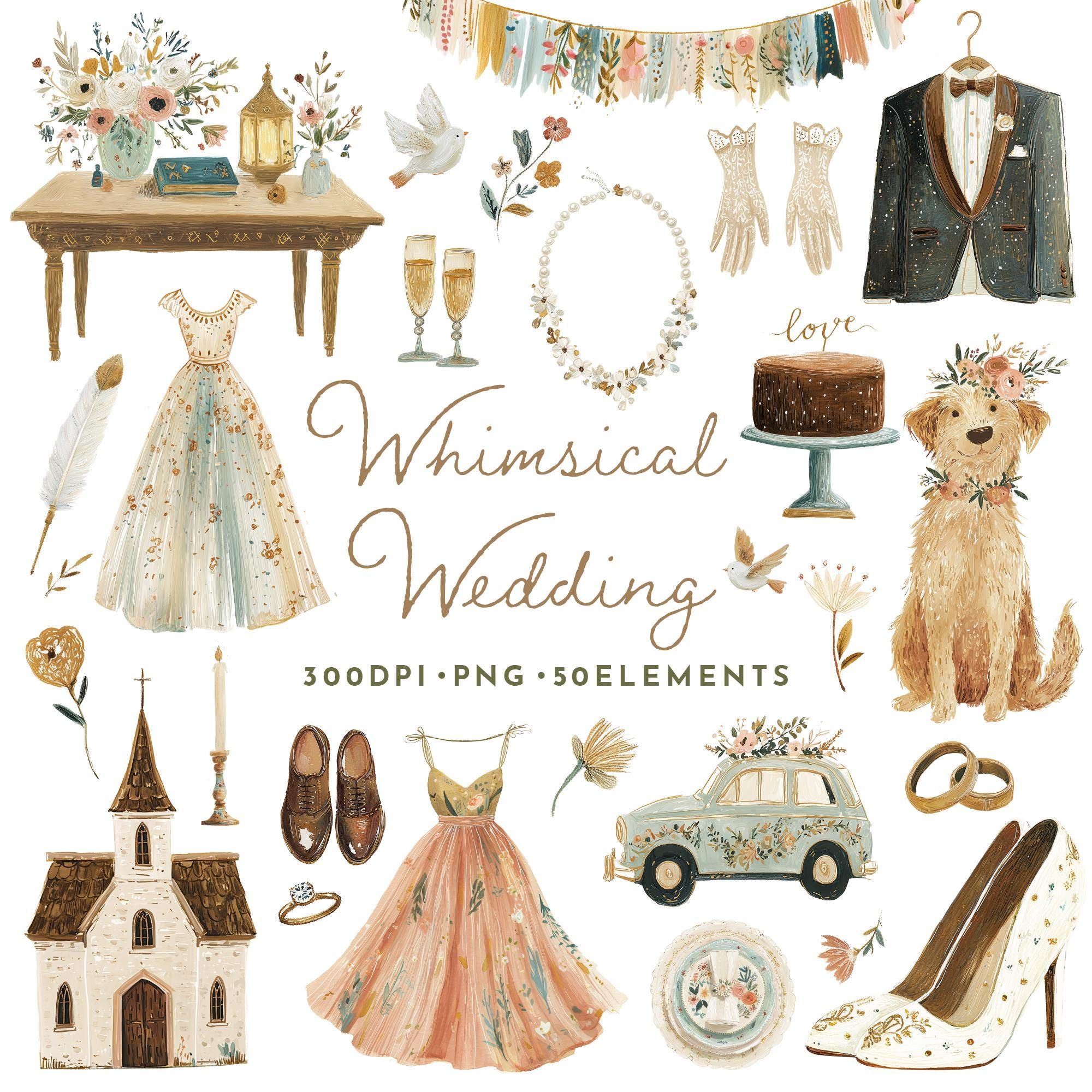 Whimsical Wedding Clipart Bundle | Hand-Painted Gouache Bridal Elements | 50 PNG Set (Digital Download)