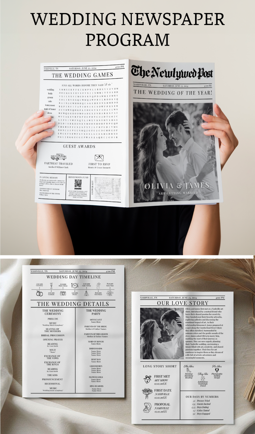 Elegant Wedding Newspaper Program Template