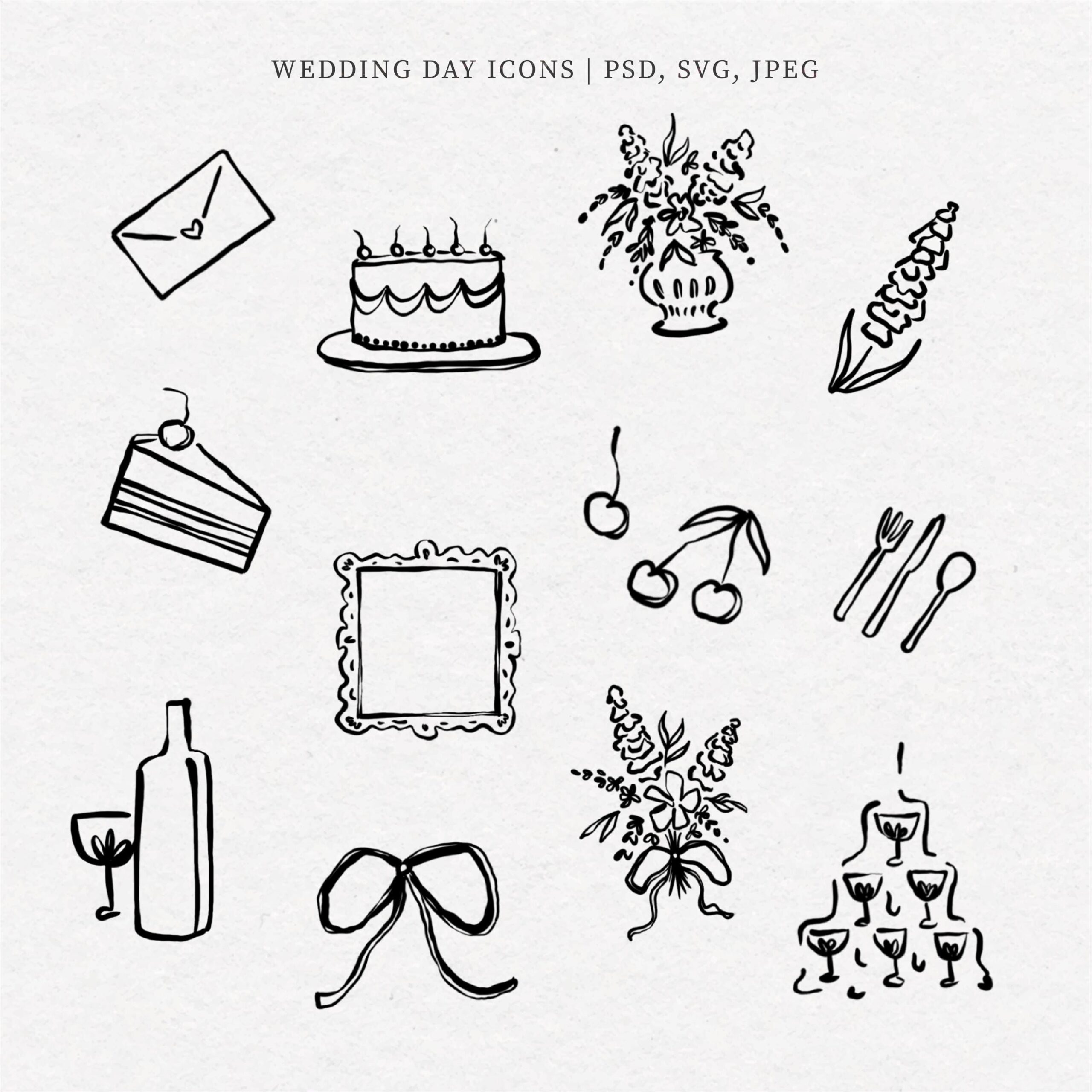 Whimsical Wedding SVG Clipart Bundle with Illustrations, Icons, Doodles for