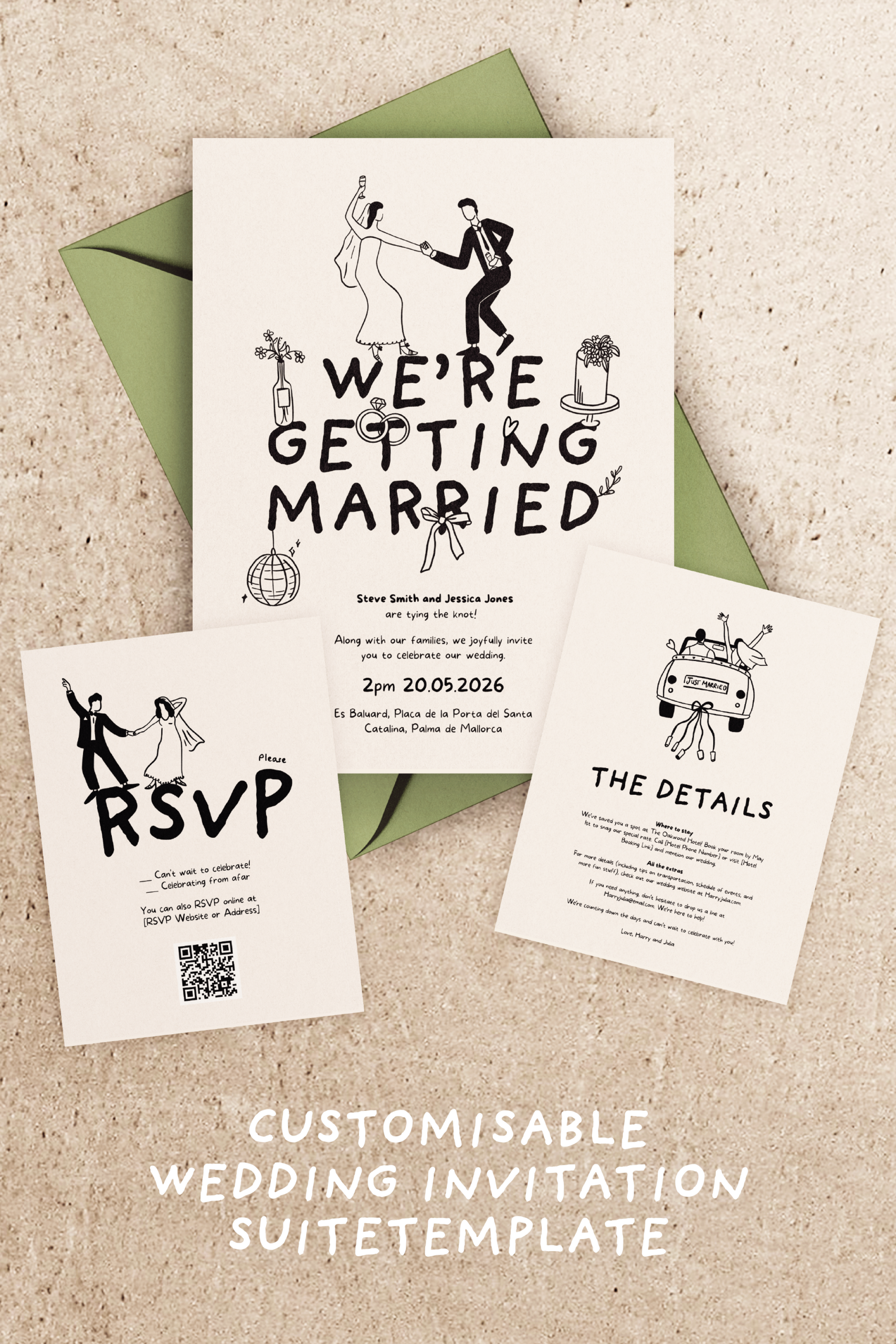 WEDDING INVITATION Template Suite | Hand drawn Illustrated Funky Invite