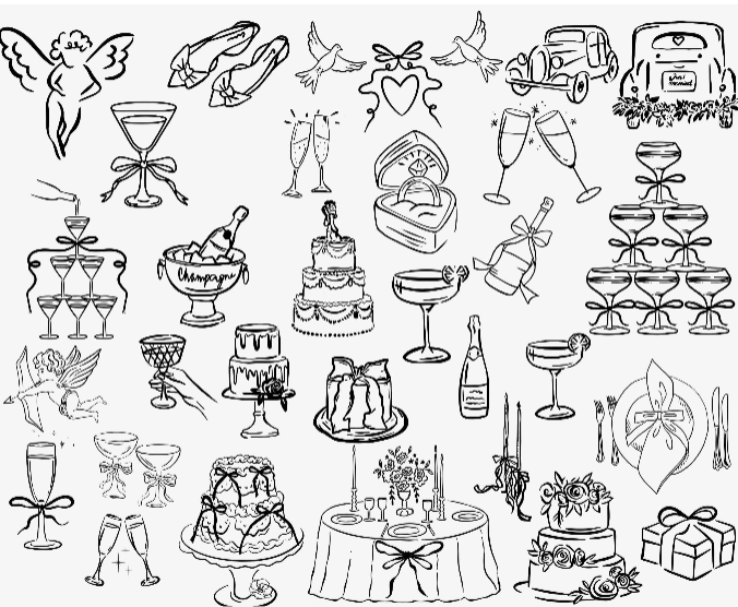 Whimsical Wedding Clipart Bundle with Illustrations Wedding Invitations, Menu, Bridal Invites